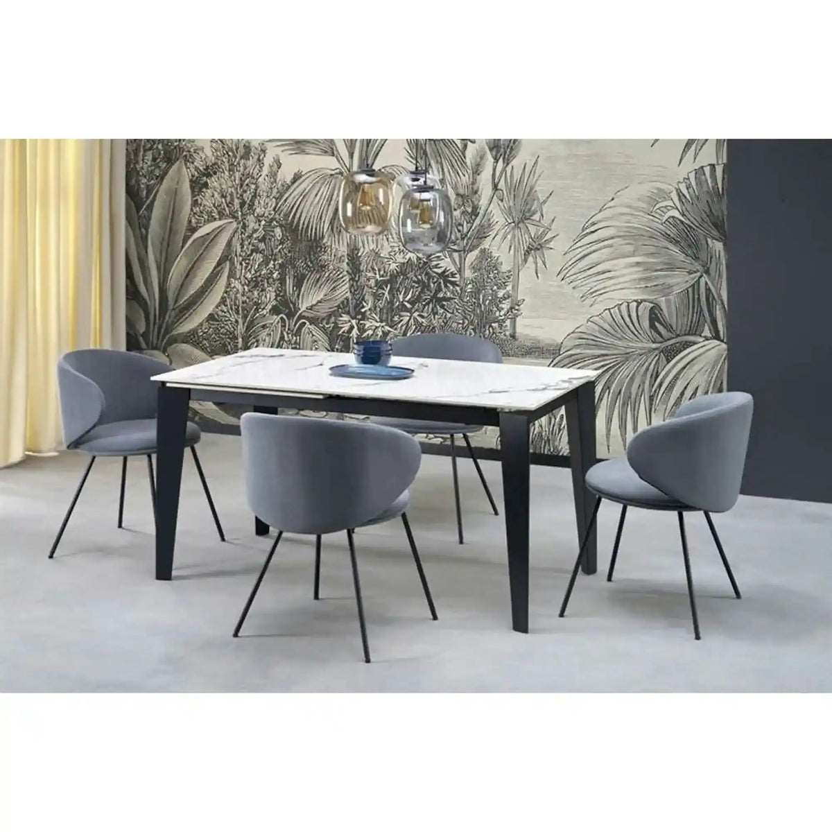 Masa extensibila FELIX, alb cu efect de marmura/negru, piatra sinterizata/otel, 141/201x81x76 cm