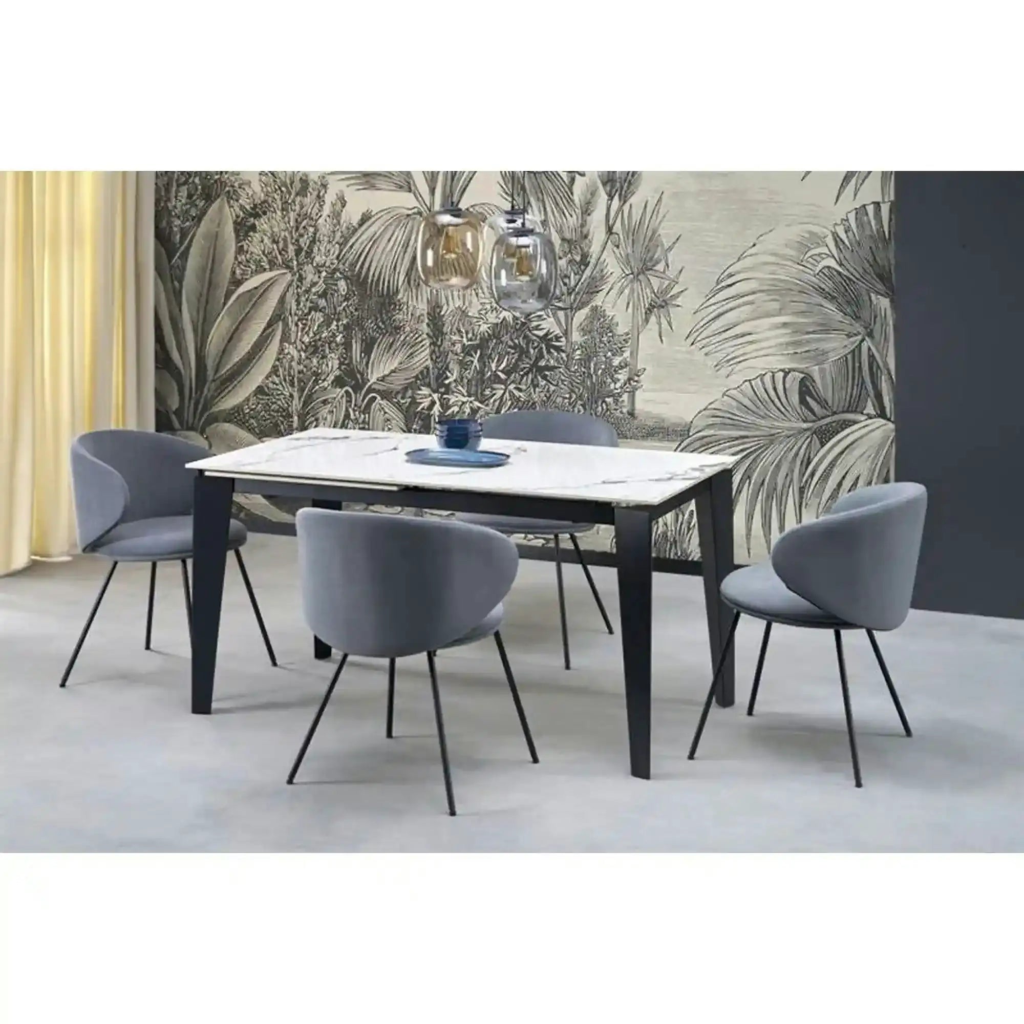 Masa extensibila FELIX, alb cu efect de marmura/negru, piatra sinterizata/otel, 141/201x81x76 cm