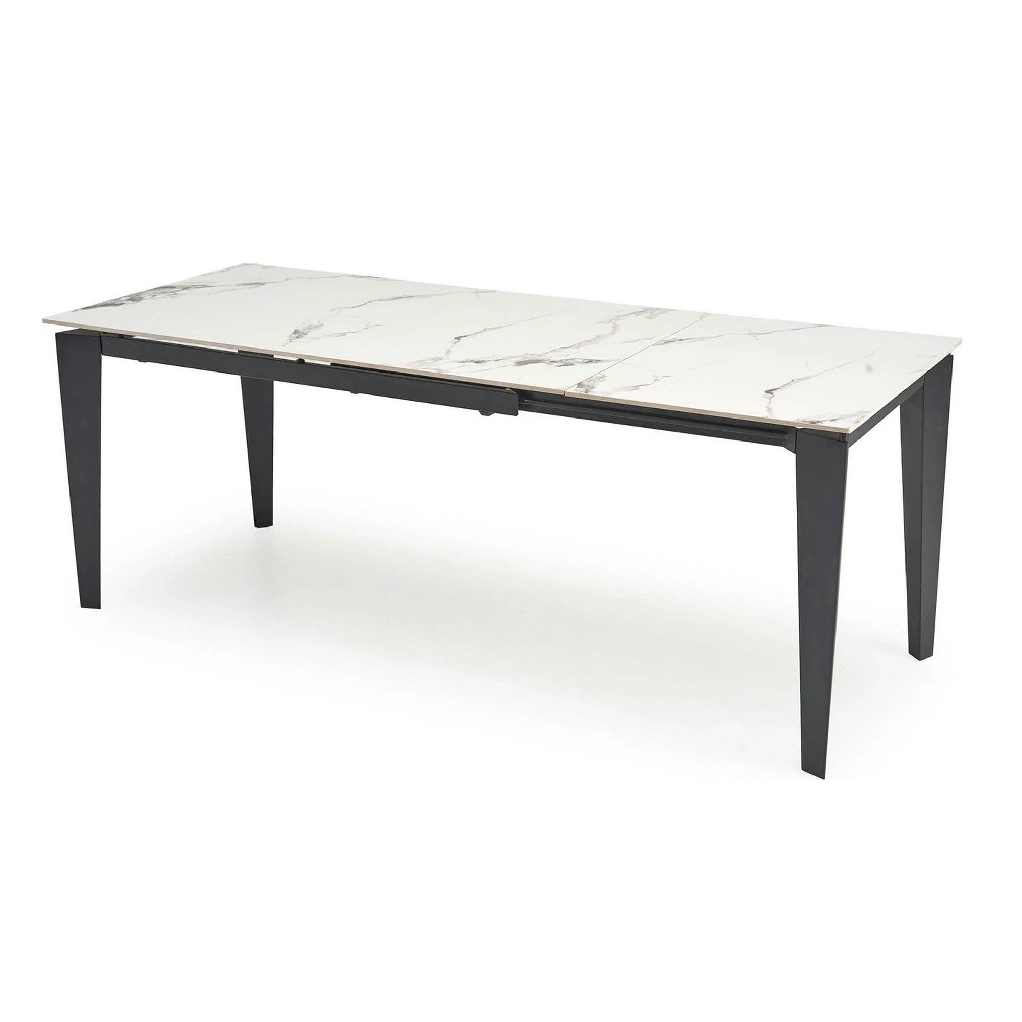 Masa extensibila FELIX, alb cu efect de marmura/negru, piatra sinterizata/otel, 141/201x81x76 cm