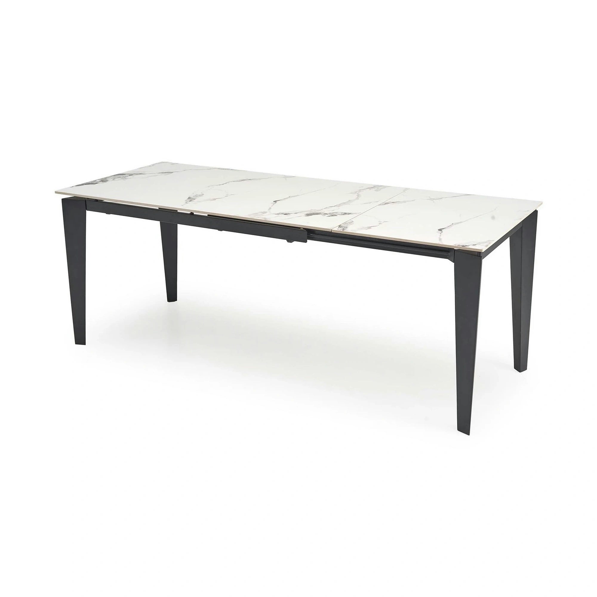 Masa extensibila FELIX, alb cu efect de marmura/negru, piatra sinterizata/otel, 141/201x81x76 cm