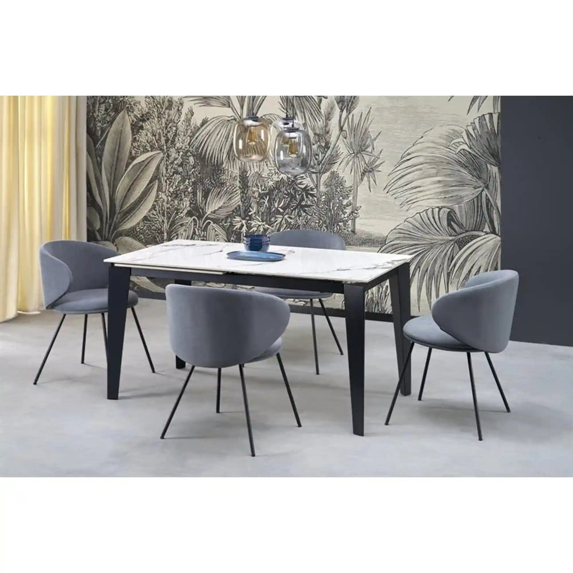 Masa extensibila FELIX, alb cu efect de marmura/negru, piatra sinterizata/otel, 141/201x81x76 cm