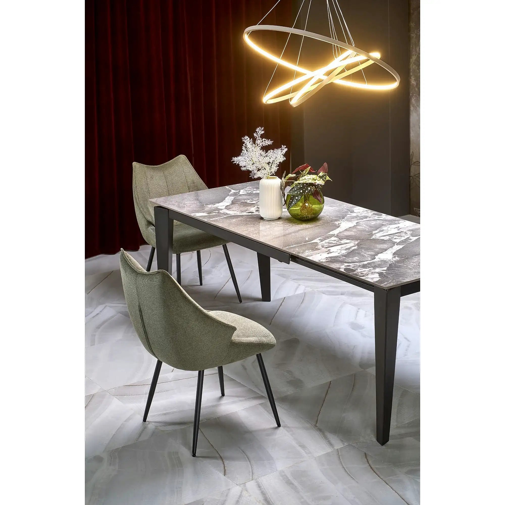 Masa extensibila FELIX, gri cu efect de marmura/negru, piatra sinterizata/metal, 141-201x81x76 cm