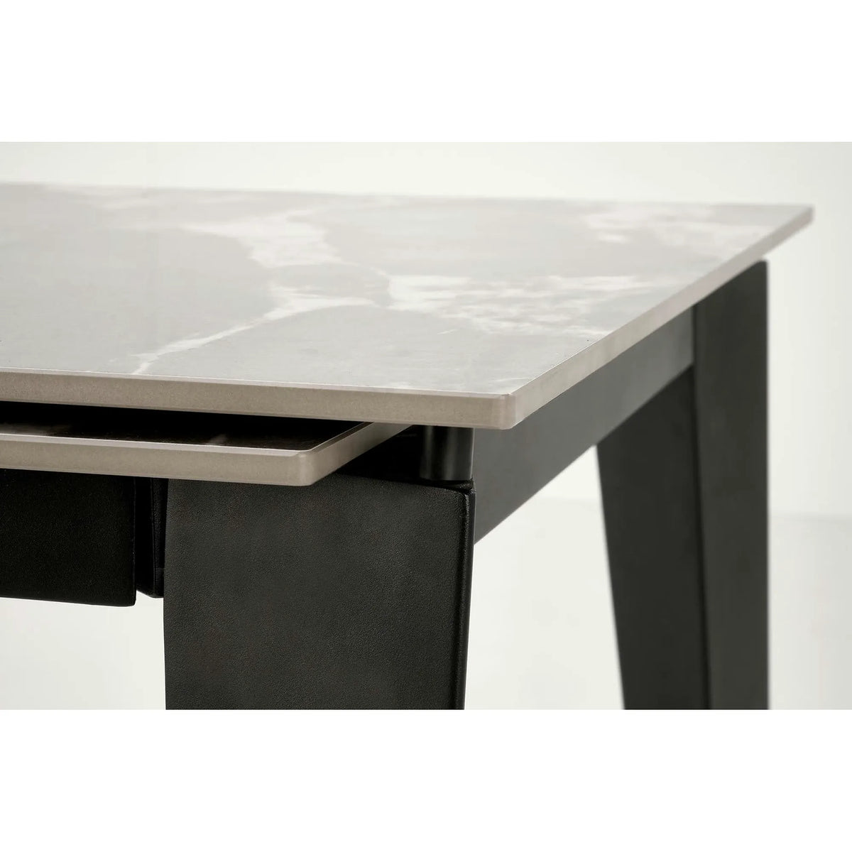 Masa extensibila FELIX, gri cu efect de marmura/negru, piatra sinterizata/metal, 141-201x81x76 cm
