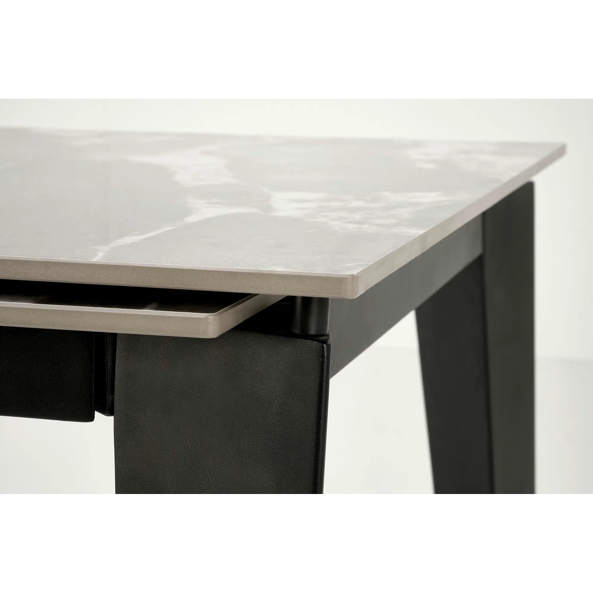 Masa extensibila FELIX, gri cu efect de marmura/negru, piatra sinterizata/metal, 141-201x81x76 cm