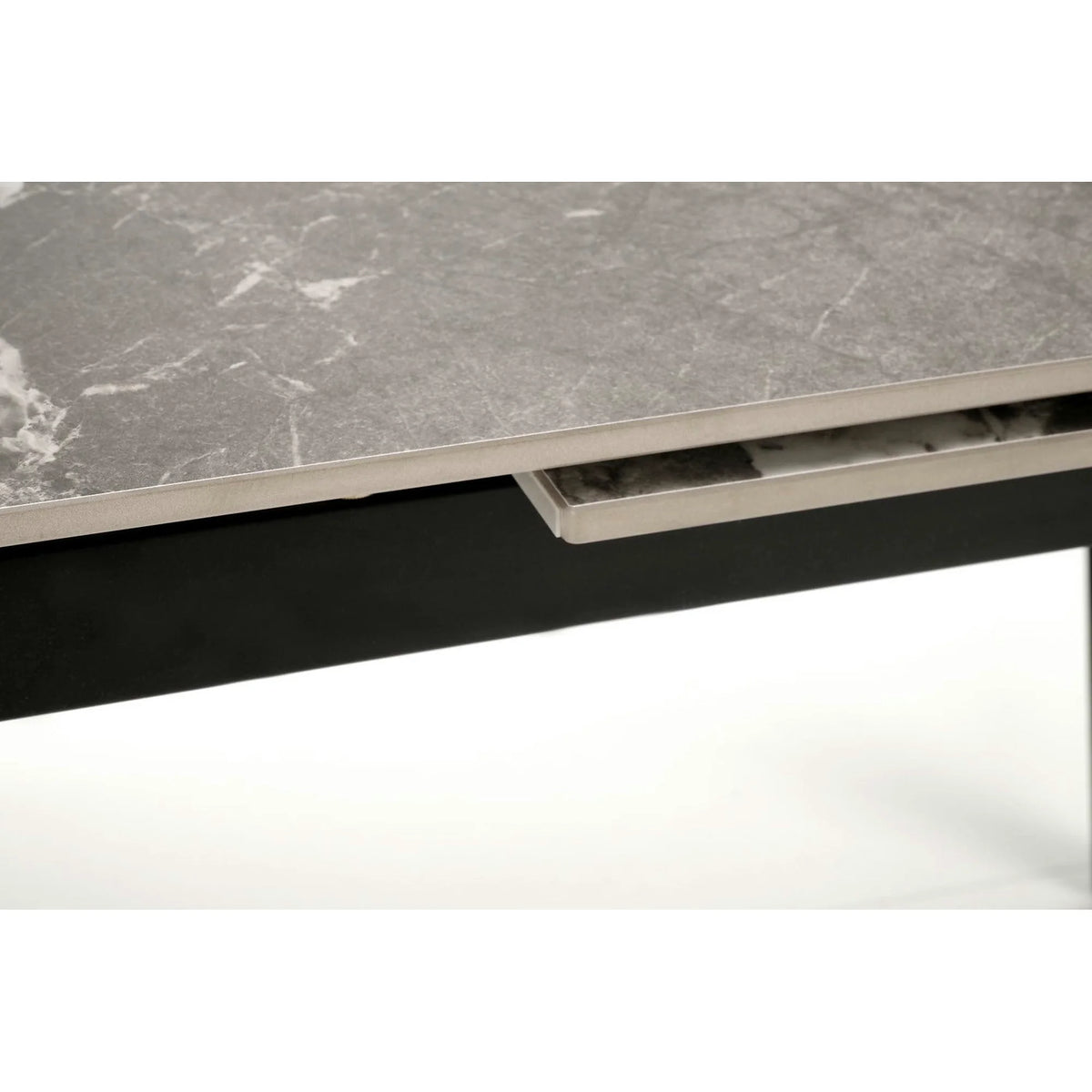 Masa extensibila FELIX, gri cu efect de marmura/negru, piatra sinterizata/metal, 141-201x81x76 cm