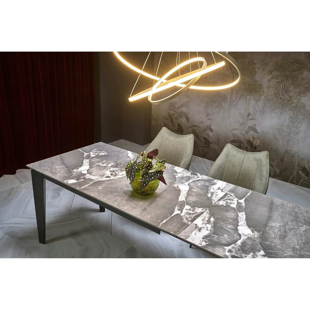 Masa extensibila FELIX, gri cu efect de marmura/negru, piatra sinterizata/metal, 141-201x81x76 cm