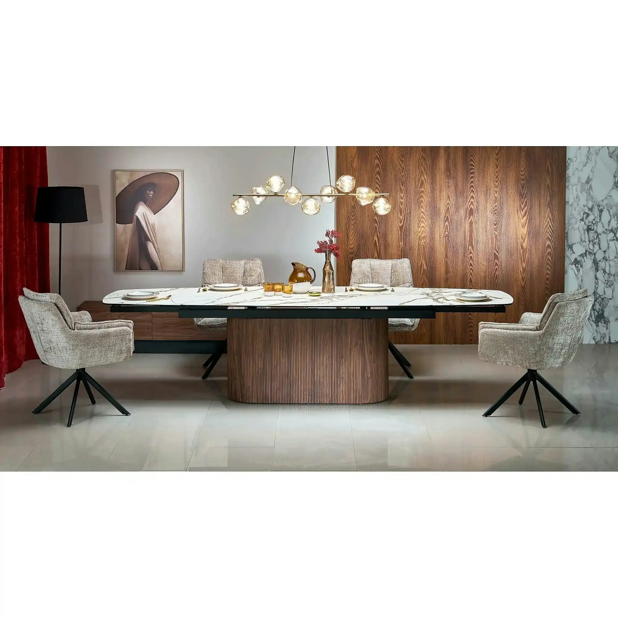 Masa extensibila FLAVOR, efect marmura alba/nuc, ceramica/sticla, 200/300x100x77 cm