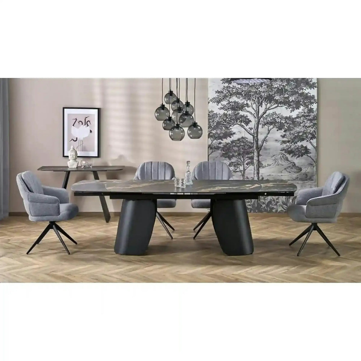 Masa extensibila FORUM, negru cu efect de marmura/negru, piatra sinterizata/otel, 180/260x90x76 cm