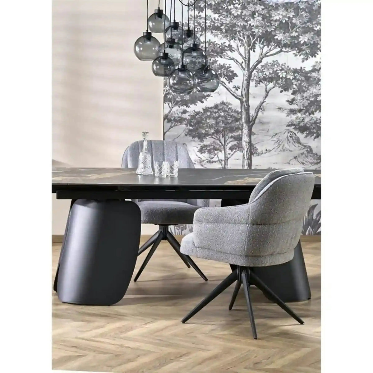 Masa extensibila FORUM, negru cu efect de marmura/negru, piatra sinterizata/otel, 180/260x90x76 cm