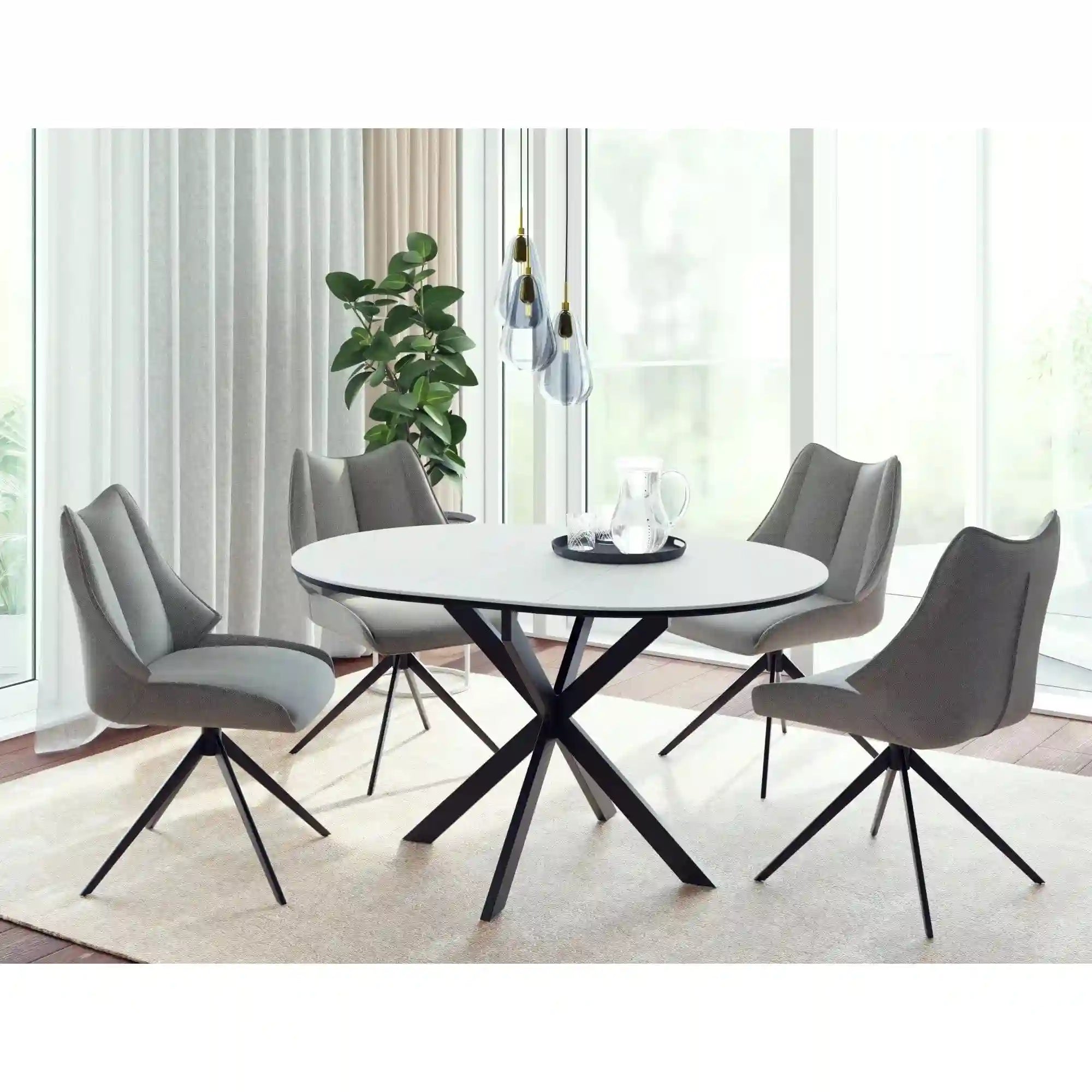 Masa extensibila GASTON, alb mat cu efect de marmura, ceramica/metal, 100/135x100x76 cm