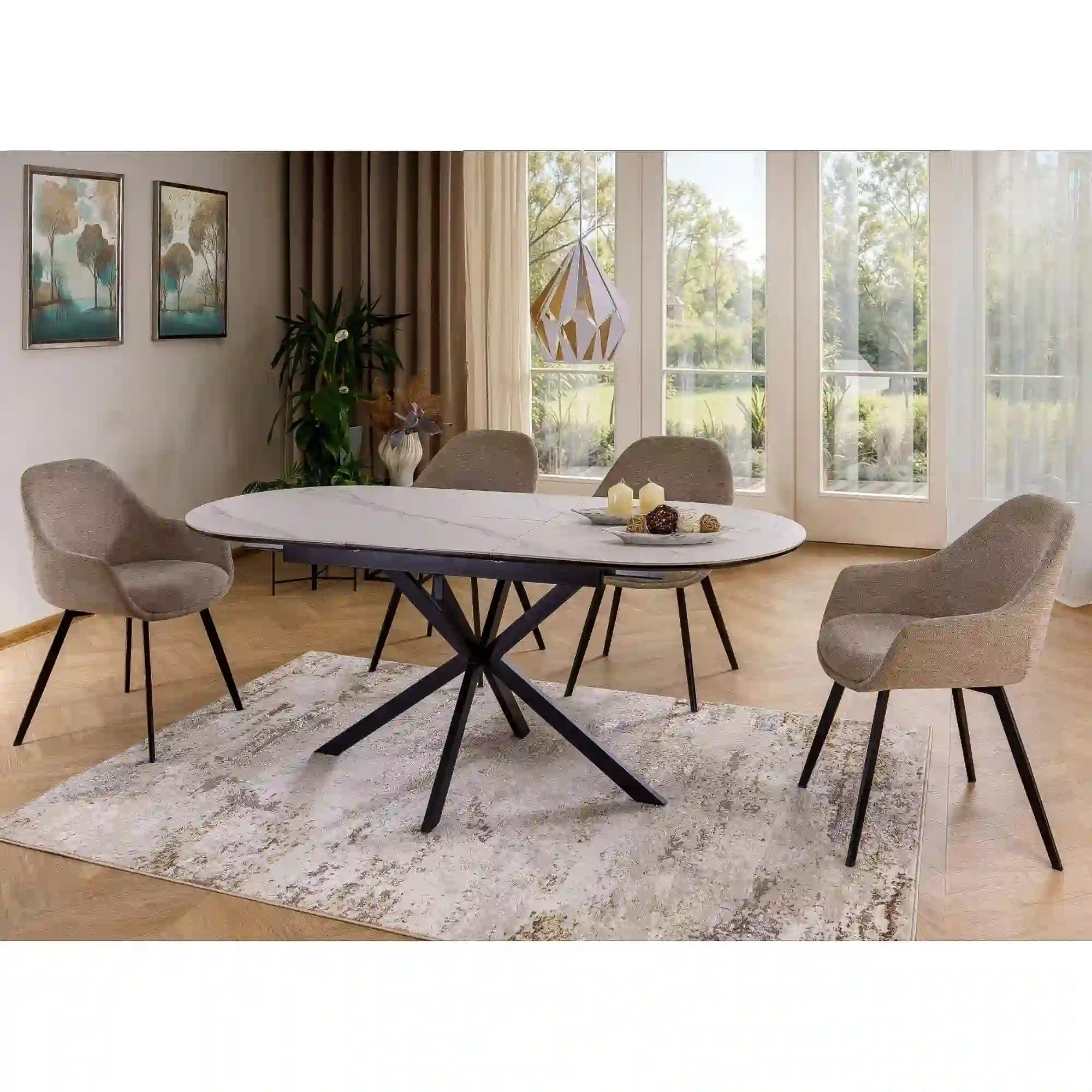 Masa extensibila GASTON, alb mat cu efect de marmura, ceramica/metal, 140/180x80x76 cm