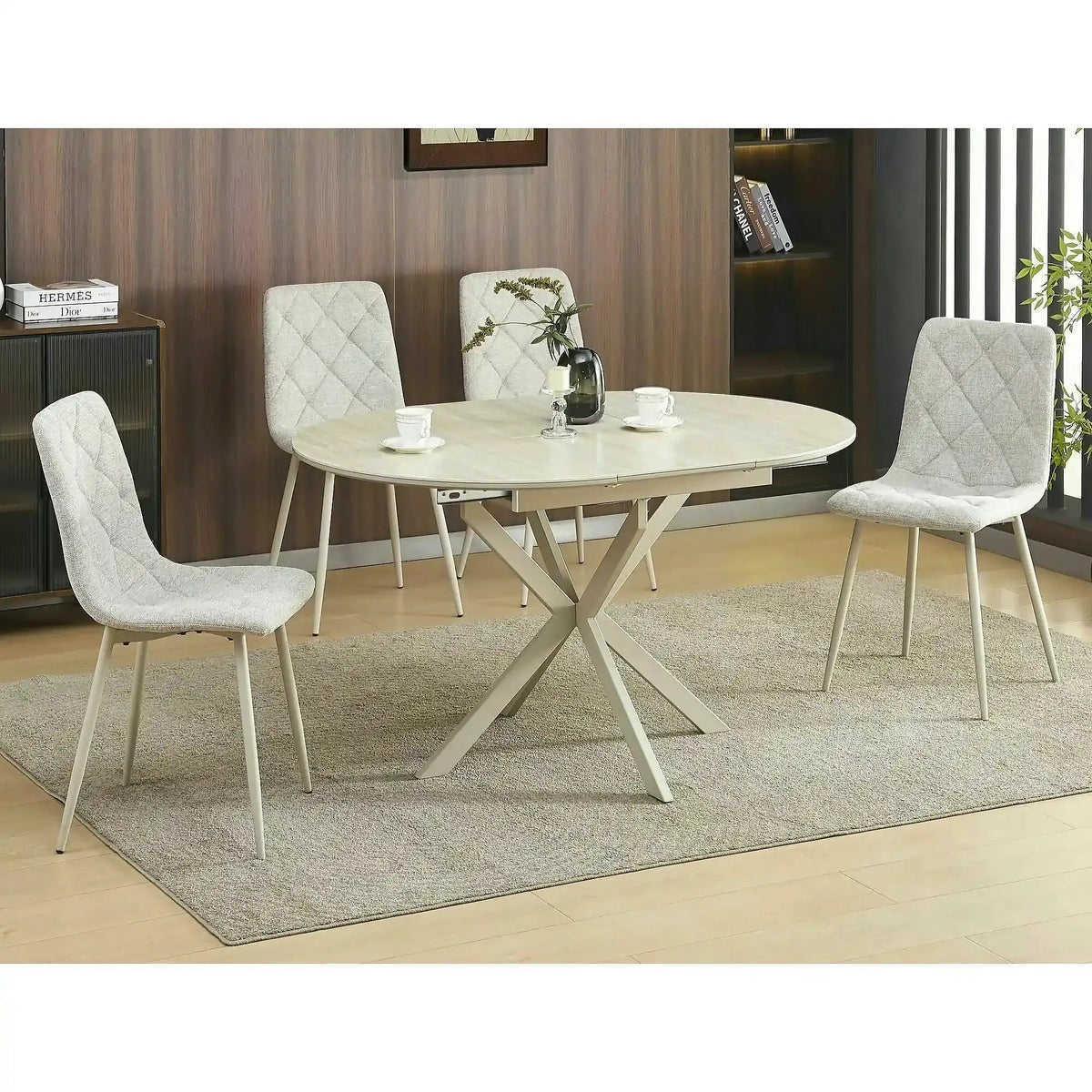 Masă extensibilă GASTON, bej/cașmir, ceramică/metal/MDF, 100–135x100x76 cm