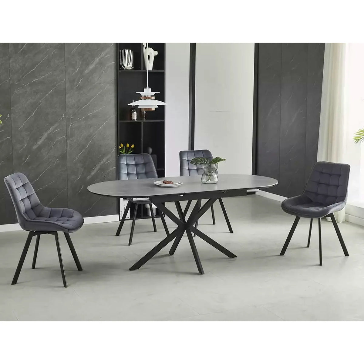 Masa extensibila GASTON, gri mat cu efect de marmura, ceramica/metal, 140/180x80x76 cm