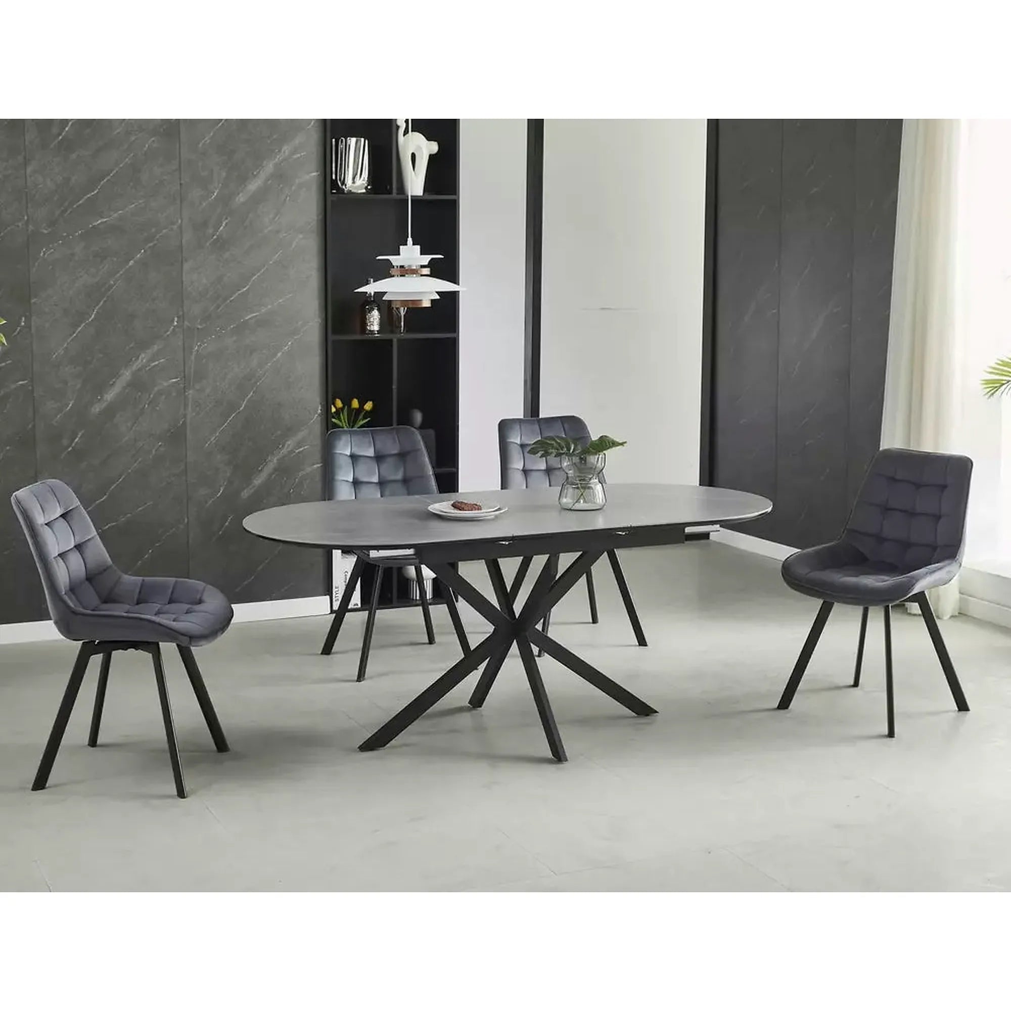 Masa extensibila GASTON, gri mat cu efect de marmura, ceramica/metal, 140/180x80x76 cm