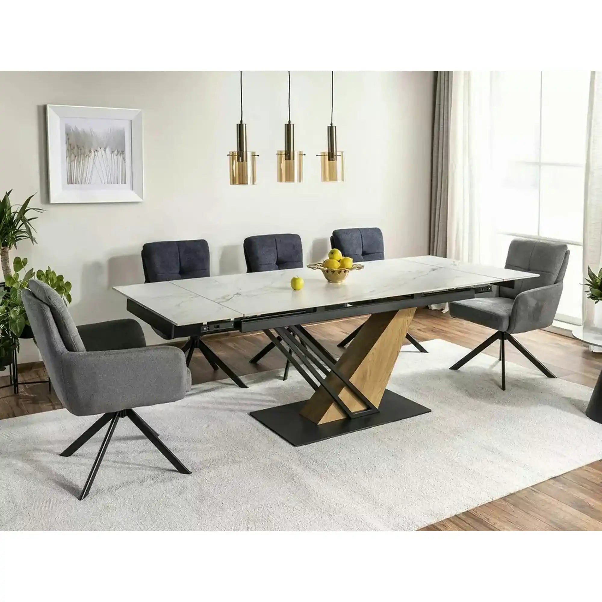 Masa extensibila GENESIS, alb cu efect de marmura/negru/stejar, 180/240x90x76 cm