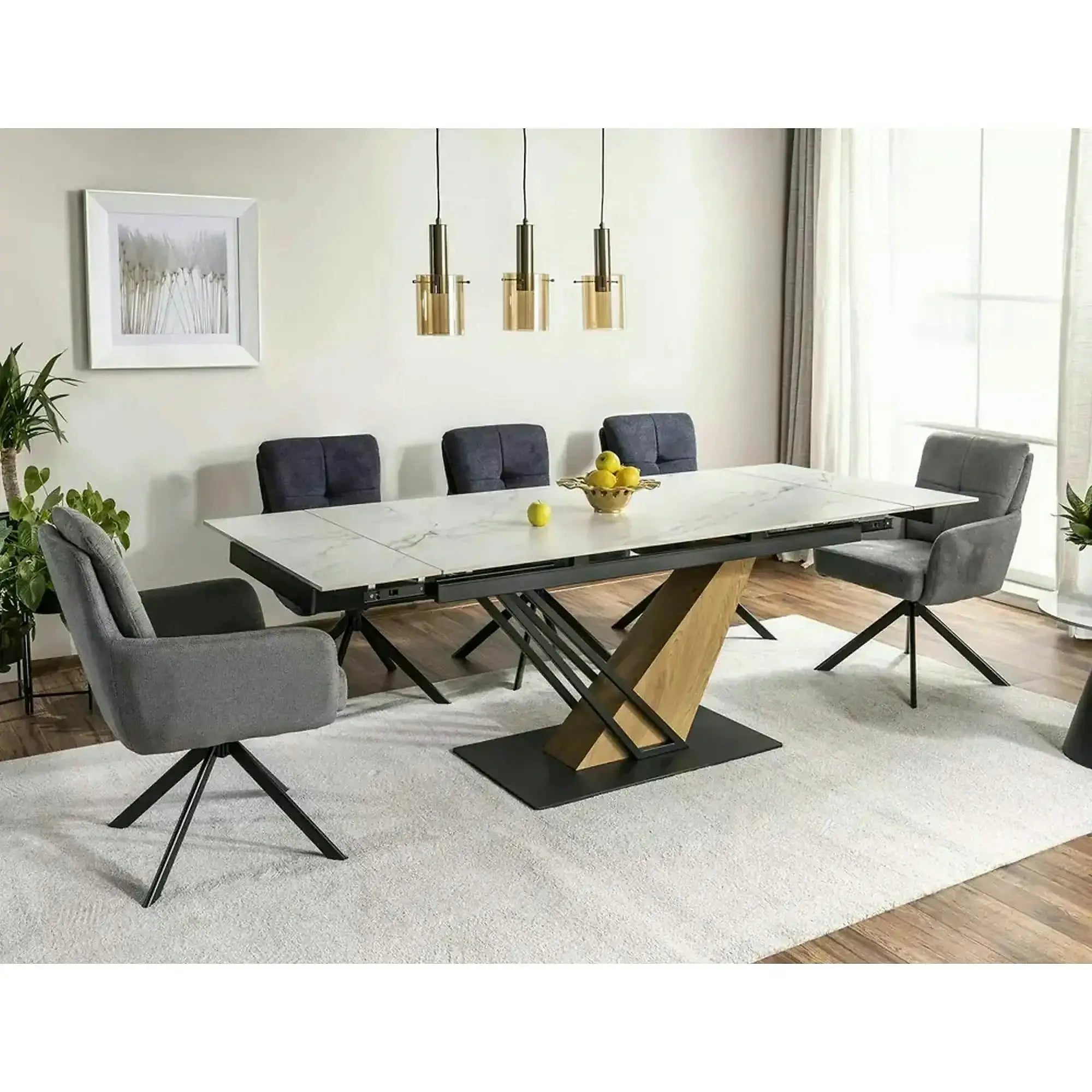 Masa extensibila GENESIS, alb cu efect de marmura/negru/stejar, 180/240x90x76 cm