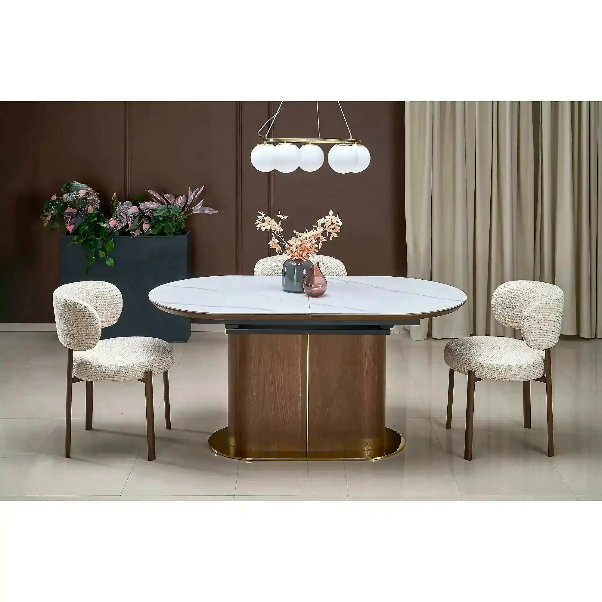 Masa extensibila GIBSON, alb/nuc/auriu, piatra sinterizata, 160/220x90x76 cm