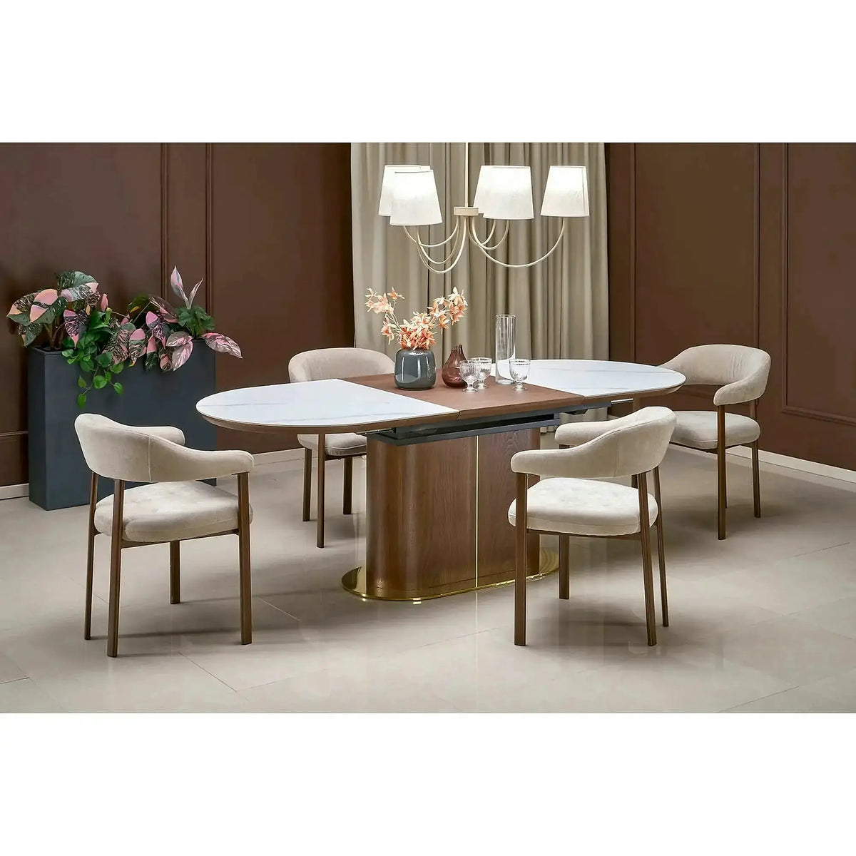 Masa extensibila GIBSON, alb/nuc/auriu, piatra sinterizata, 160/220x90x76 cm