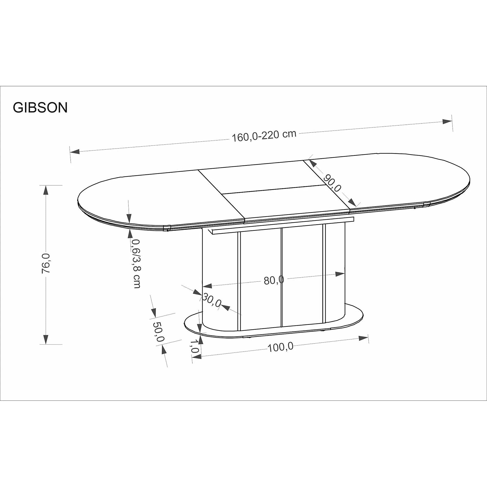 Masa extensibila GIBSON, alb/nuc/auriu, piatra sinterizata, 160/220x90x76 cm