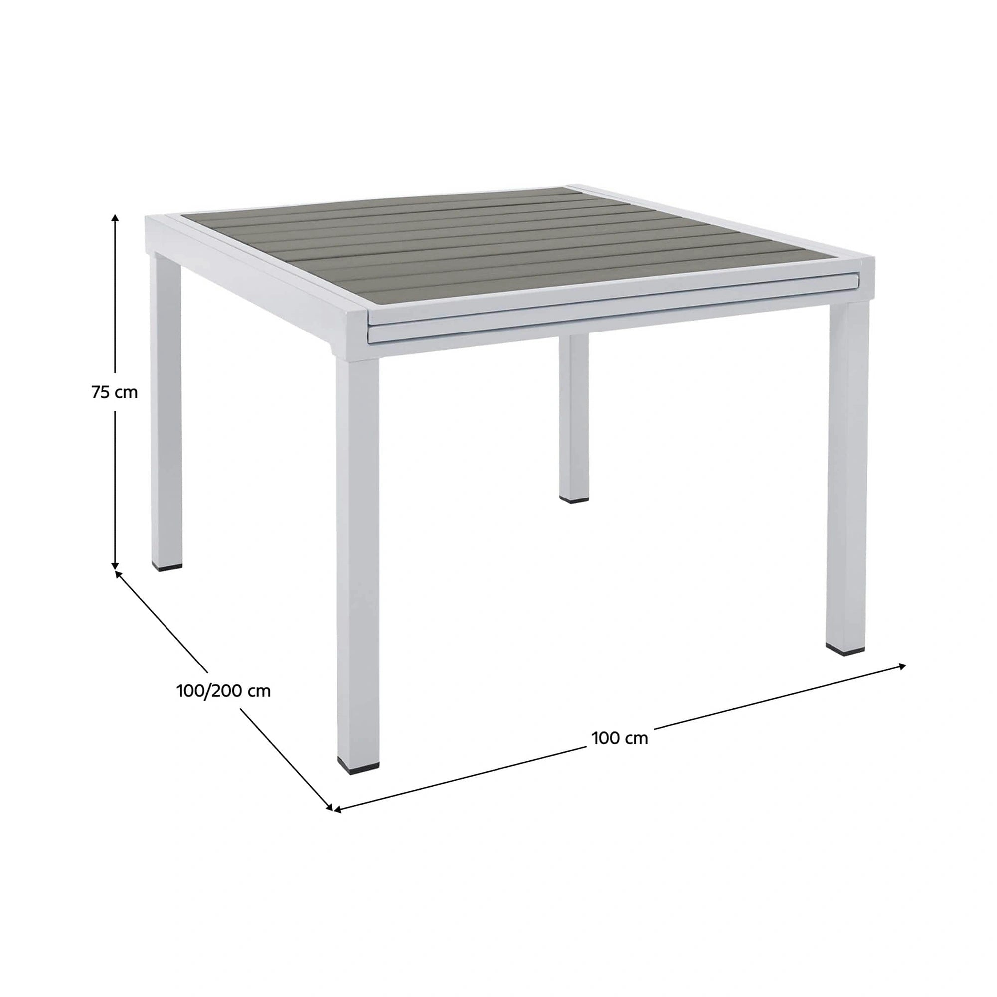 Masa extensibila gradina DORIO, alb/gri, otel/lemn, 100/200x100x75 cm