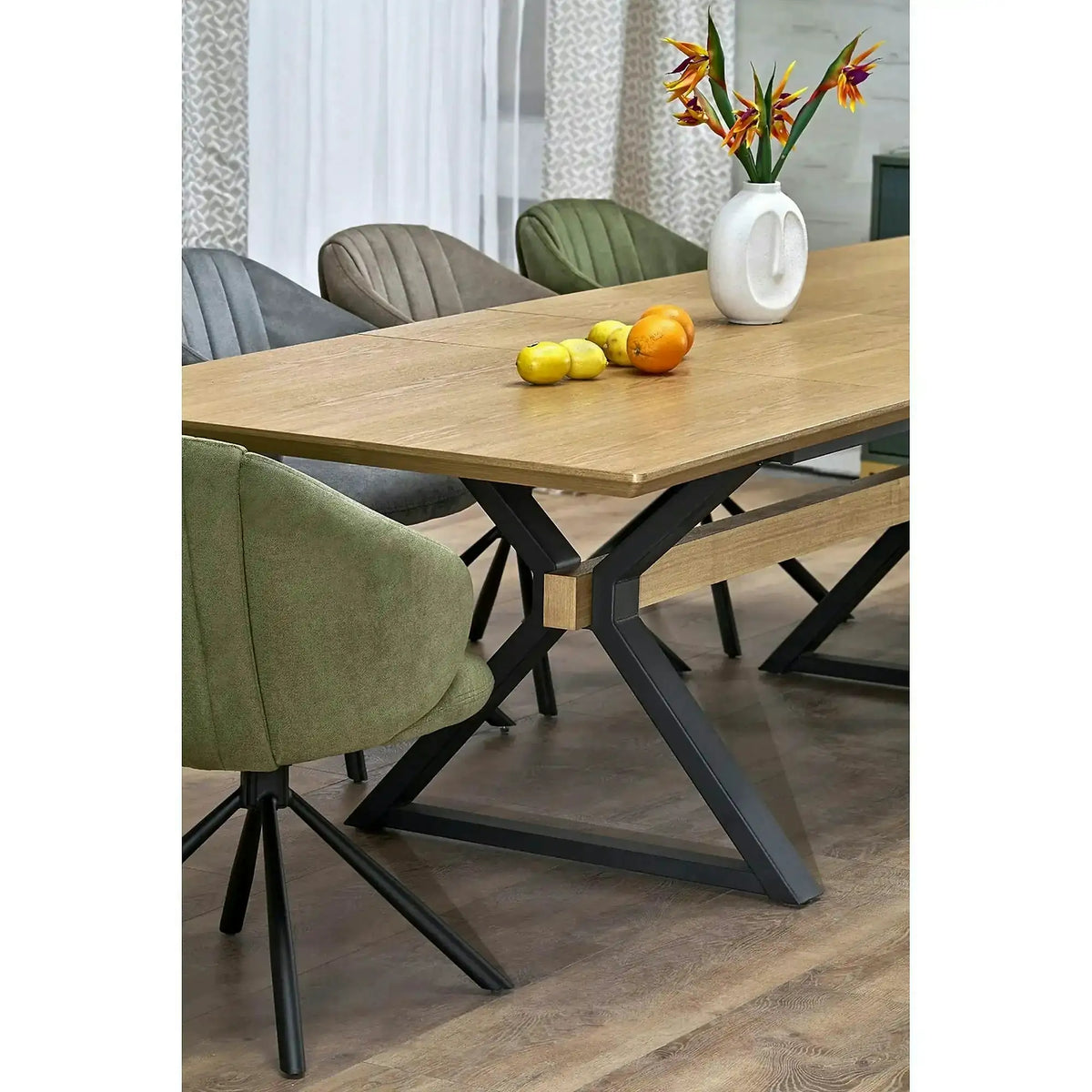 Masa extensibila HENRY, stejar/negru, furnir/metal, 180/300x100x75 cm