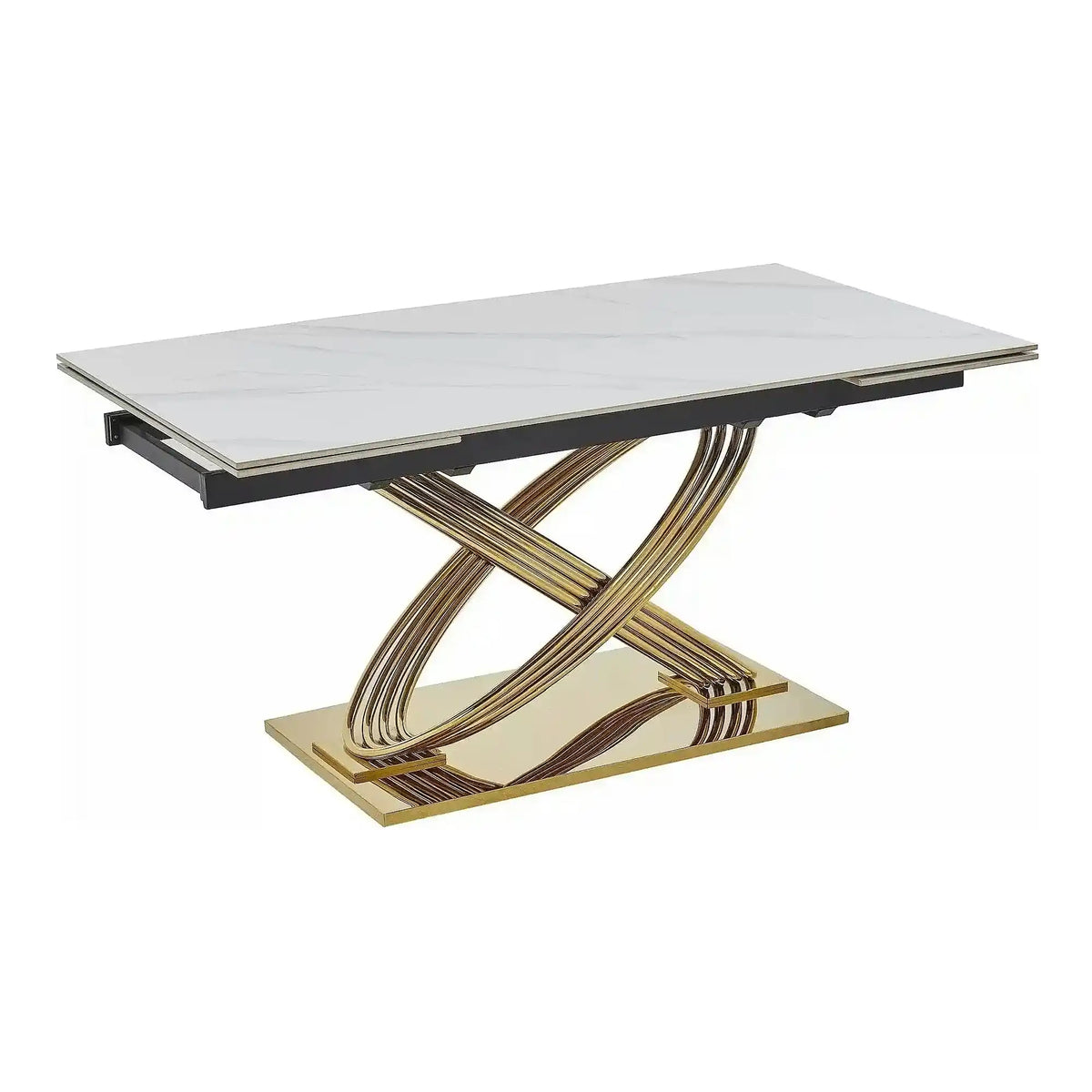 Masa extensibila HERMES II, alb cu efect de marmura/auriu, ceramica/metal, 160/240x90x75 cm