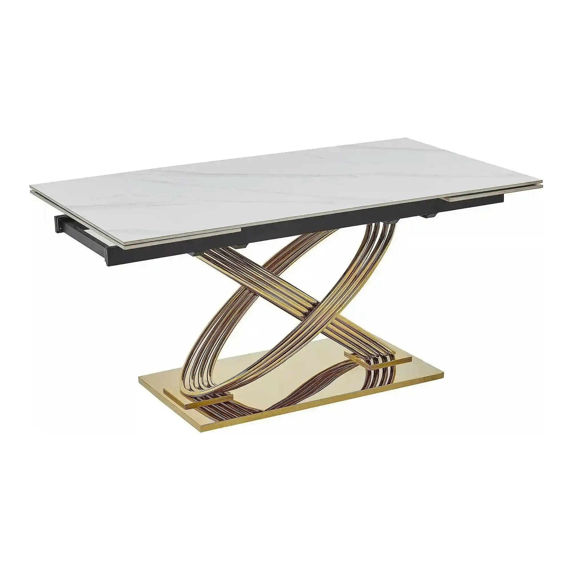 Masa extensibila HERMES II, alb cu efect de marmura/auriu, ceramica/metal, 160/240x90x75 cm