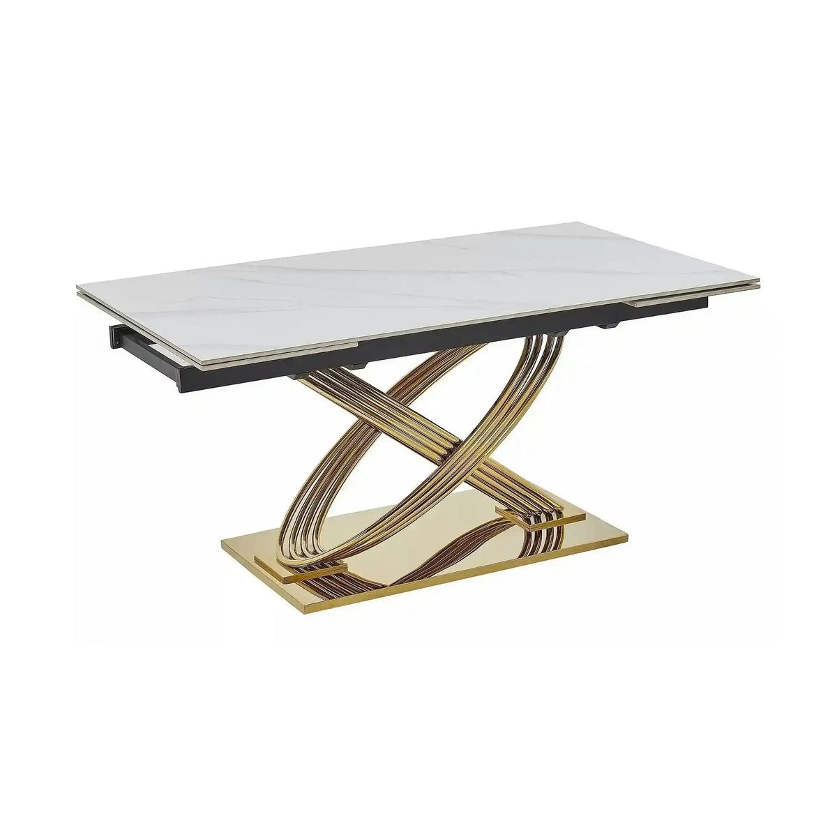Masa extensibila HERMES II, alb cu efect de marmura/auriu, ceramica/metal, 160/240x90x75 cm