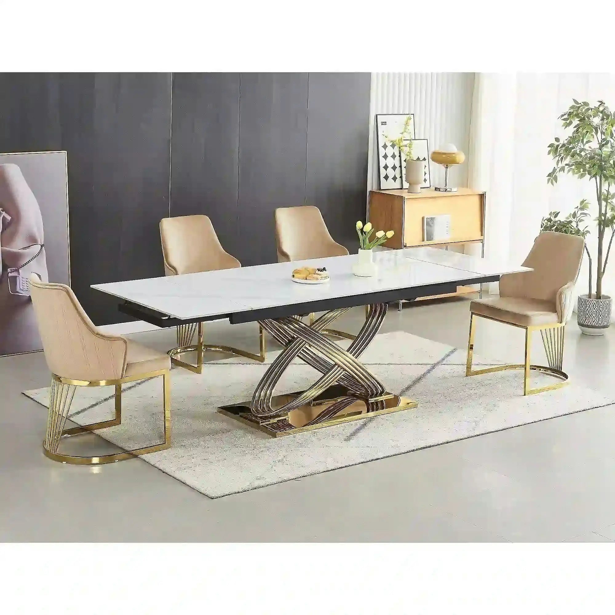 Masa extensibila HERMES II, alb cu efect de marmura/auriu, ceramica/metal, 160/240x90x75 cm