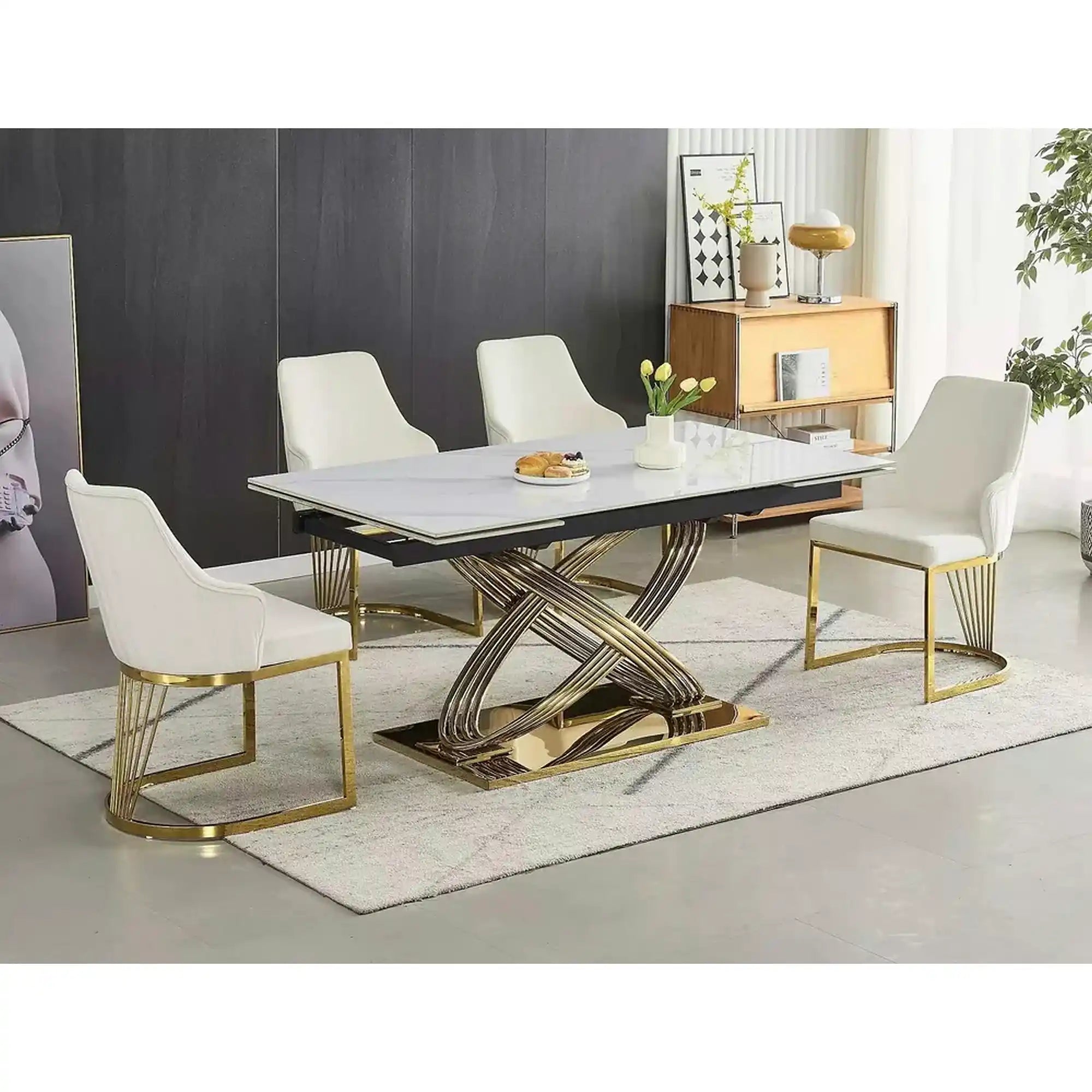 Masa extensibila HERMES II, alb cu efect de marmura/auriu, ceramica/metal, 160/240x90x75 cm