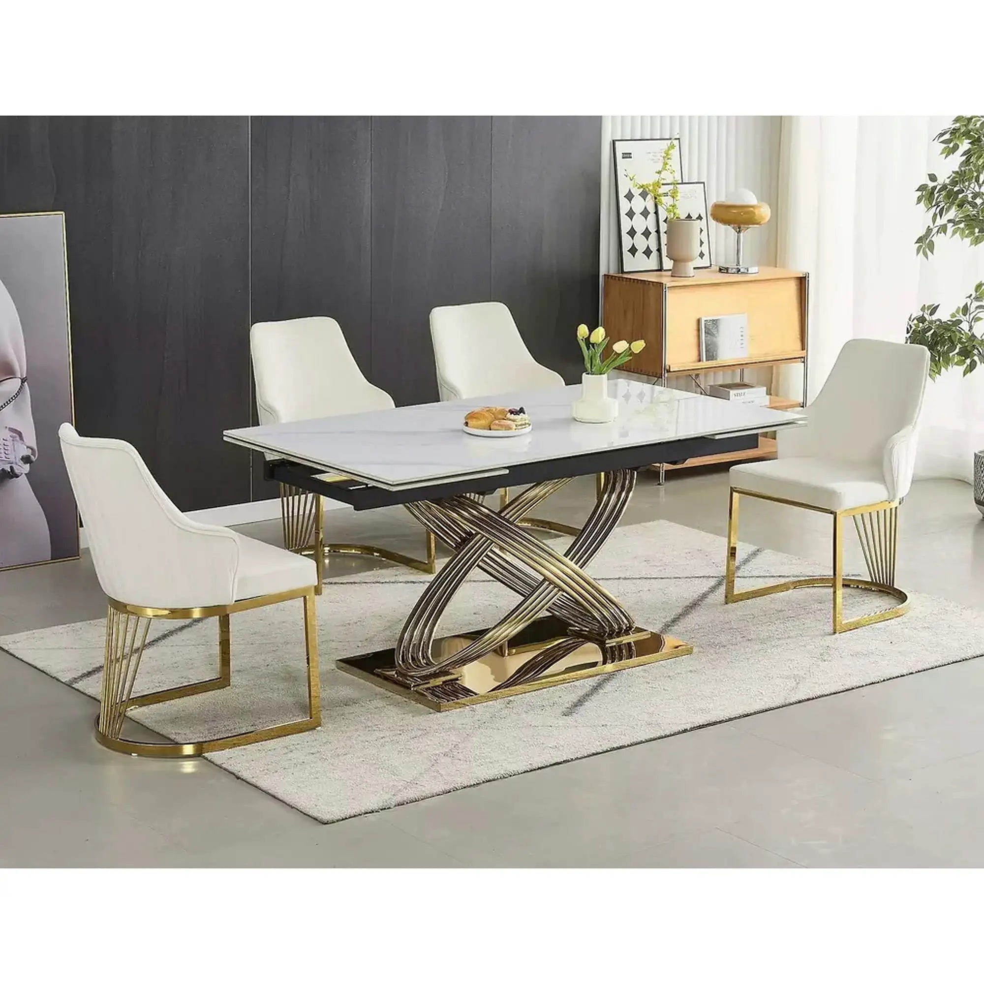 Masa extensibila HERMES II, alb cu efect de marmura/auriu, ceramica/metal, 160/240x90x75 cm