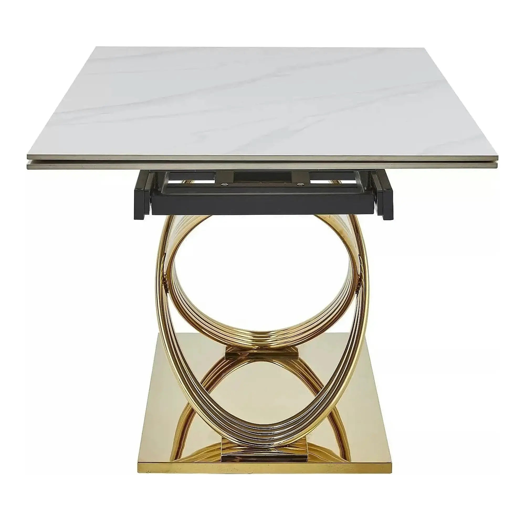 Masa extensibila HERMES II, alb cu efect de marmura/auriu, ceramica/metal, 160/240x90x75 cm