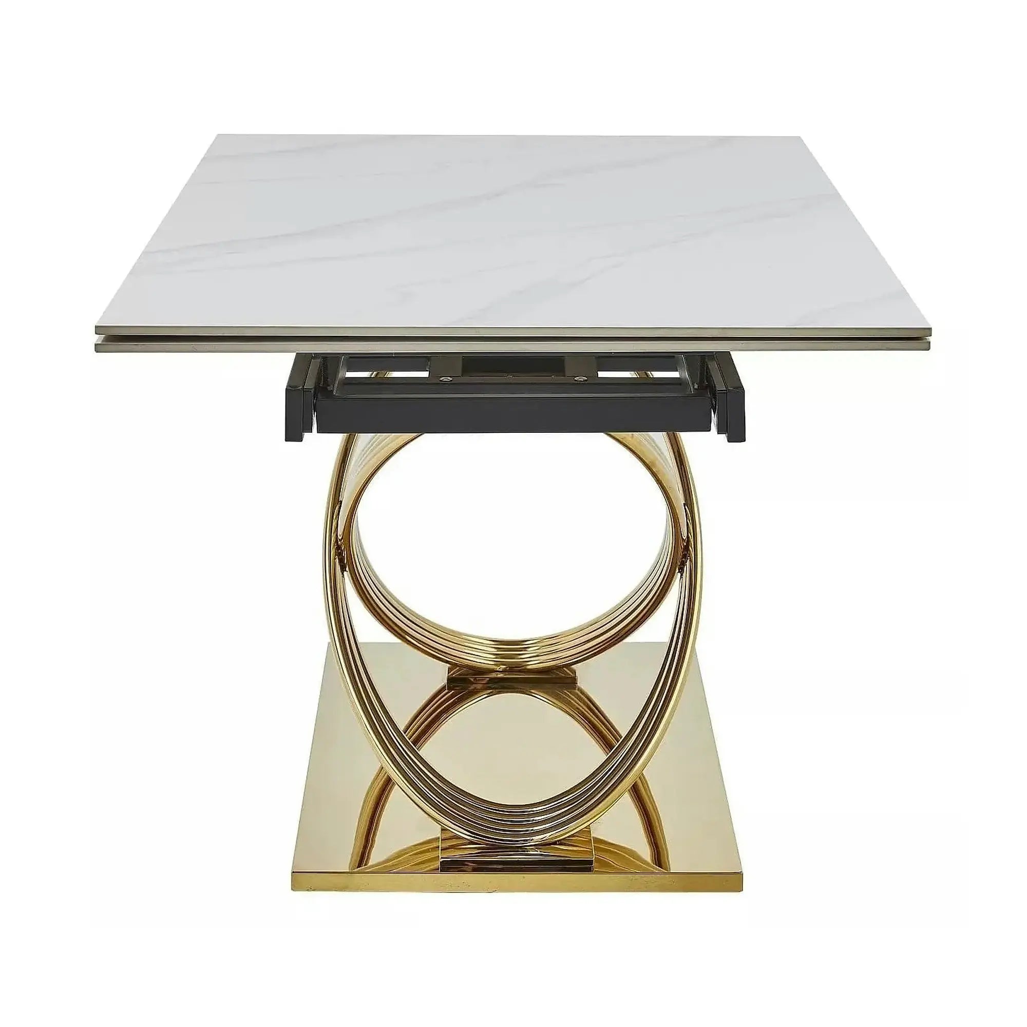 Masa extensibila HERMES II, alb cu efect de marmura/auriu, ceramica/metal, 160/240x90x75 cm
