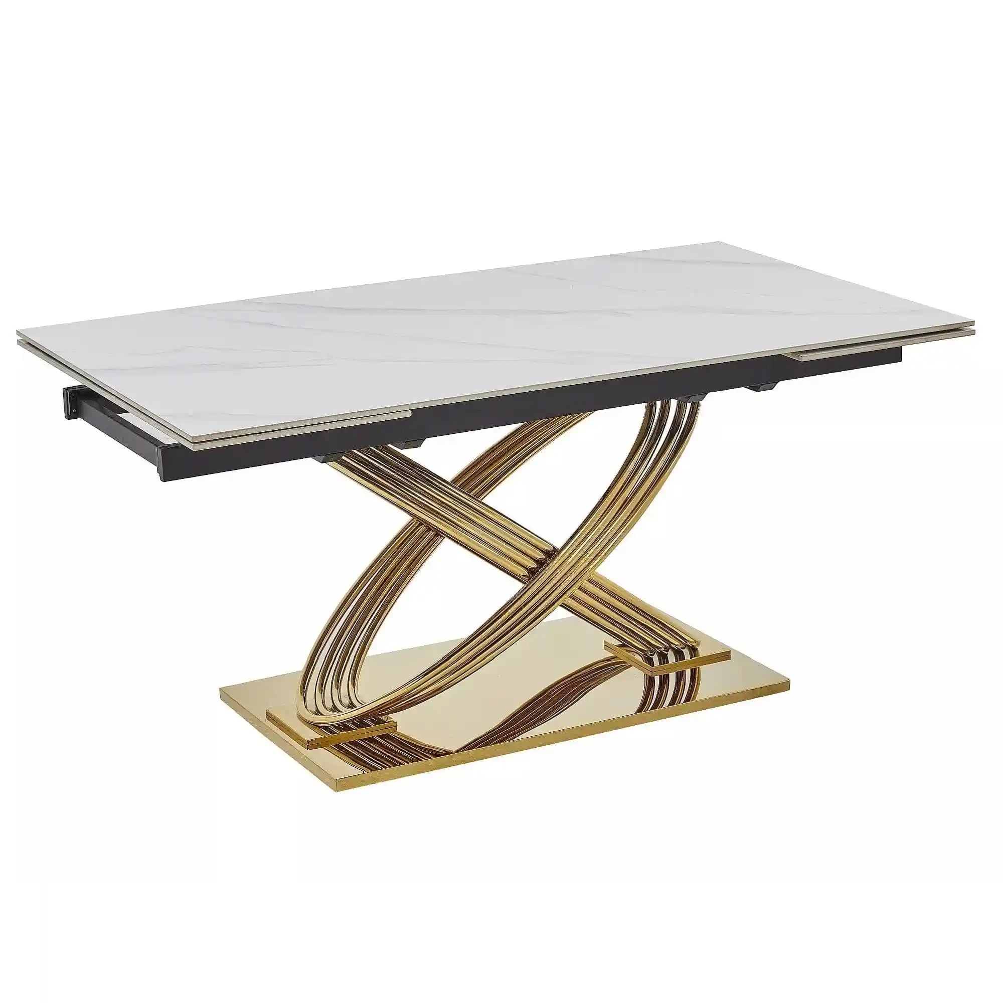 Masa extensibila HERMES II, alb cu efect de marmura/auriu, ceramica/metal, 160/240x90x75 cm