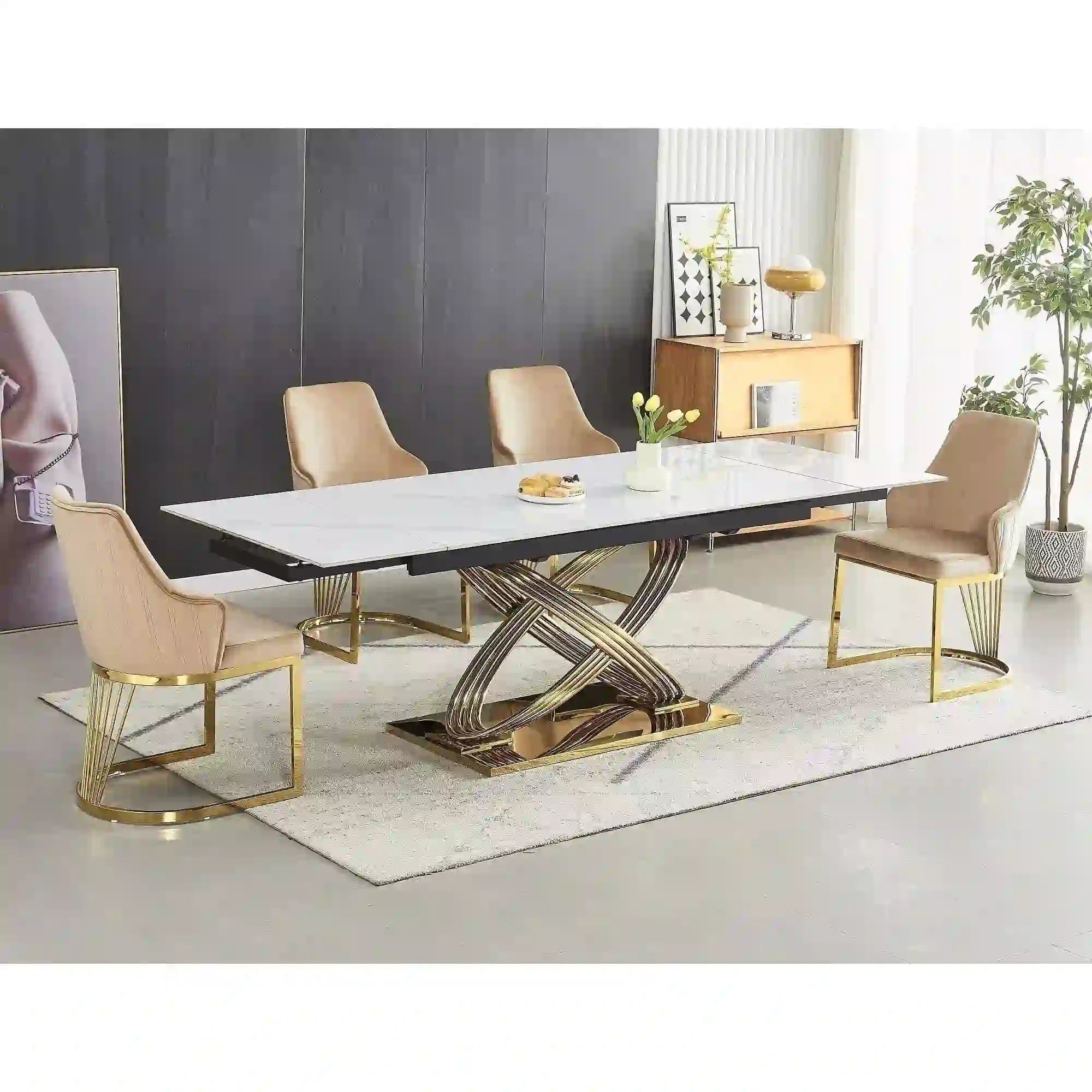 Masa extensibila HERMES II, alb cu efect de marmura/auriu, ceramica/metal, 160/240x90x75 cm