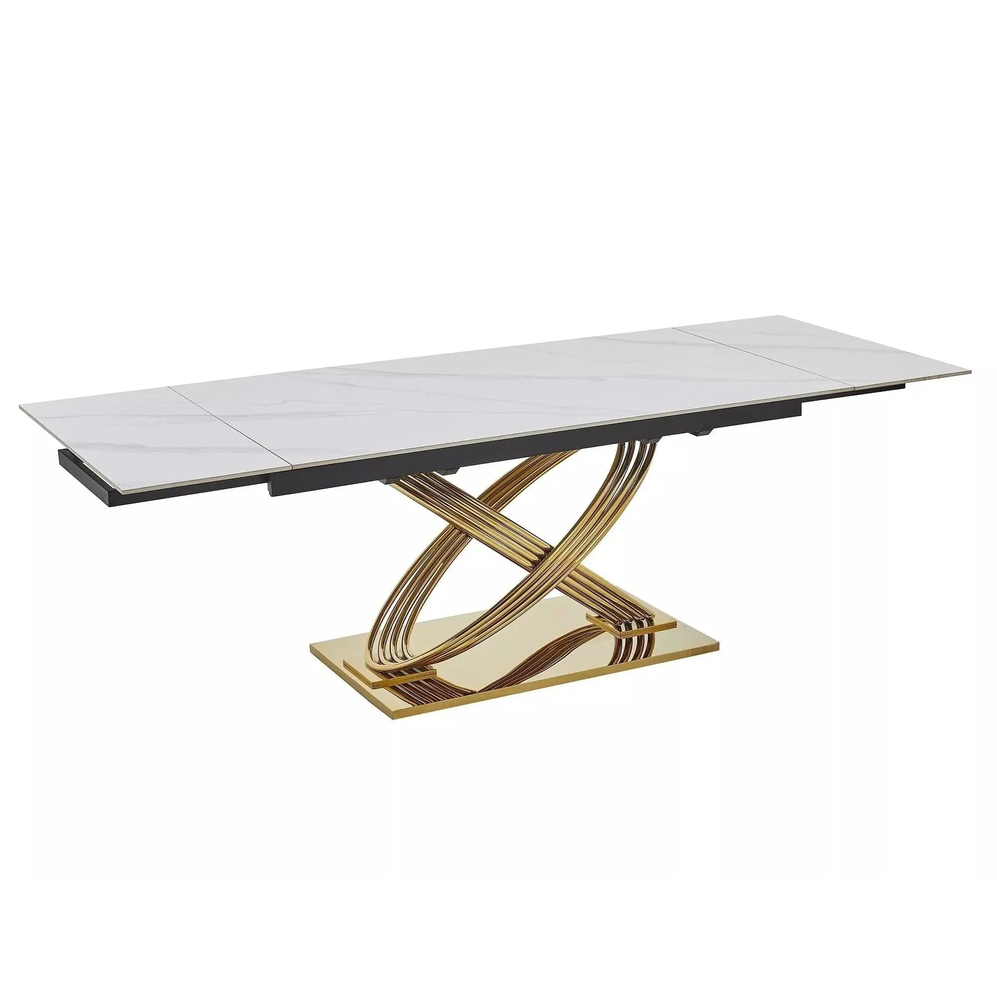 Masa extensibila HERMES II, alb cu efect de marmura/auriu, ceramica/metal, 160/240x90x75 cm