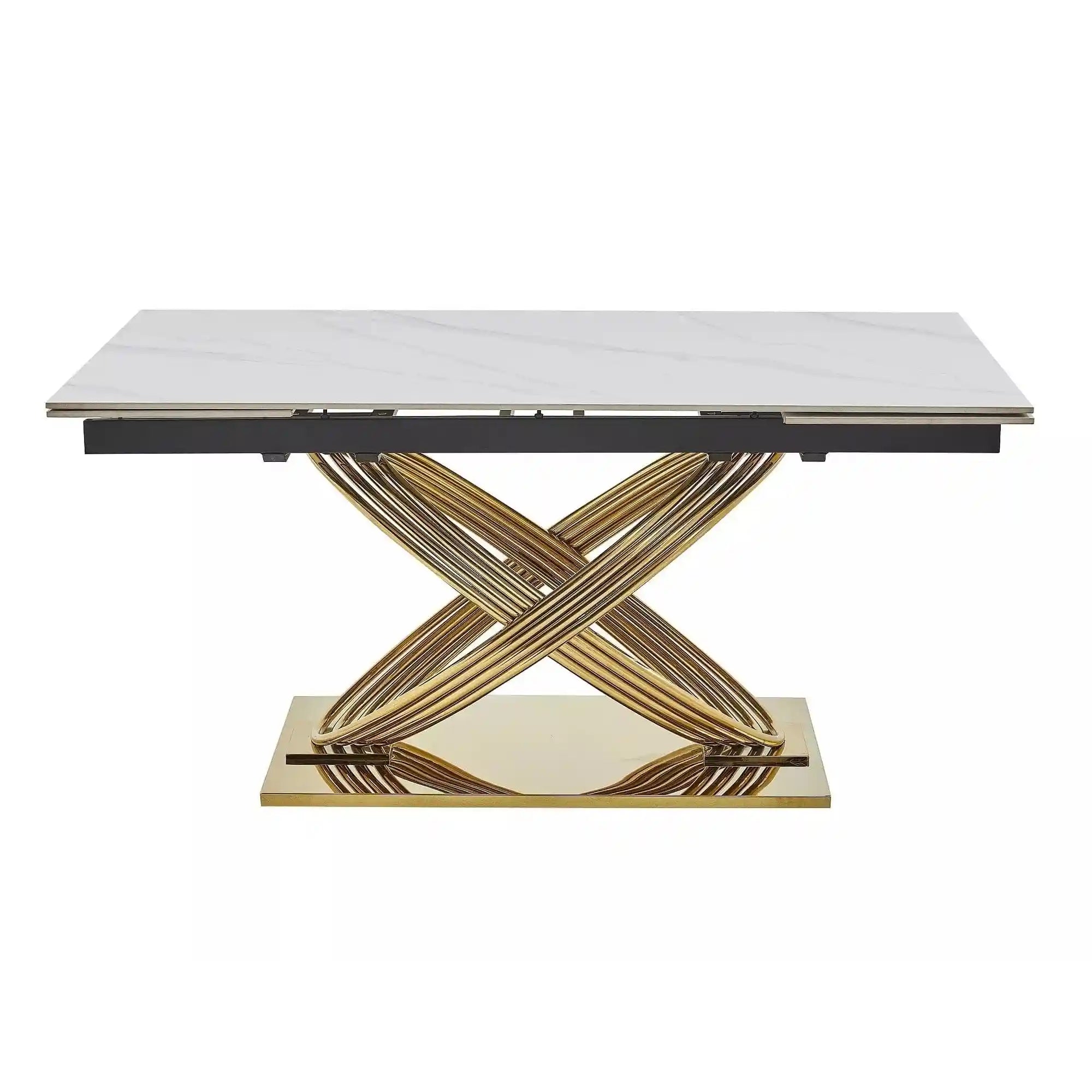 Masa extensibila HERMES II, alb cu efect de marmura/auriu, ceramica/metal, 160/240x90x75 cm