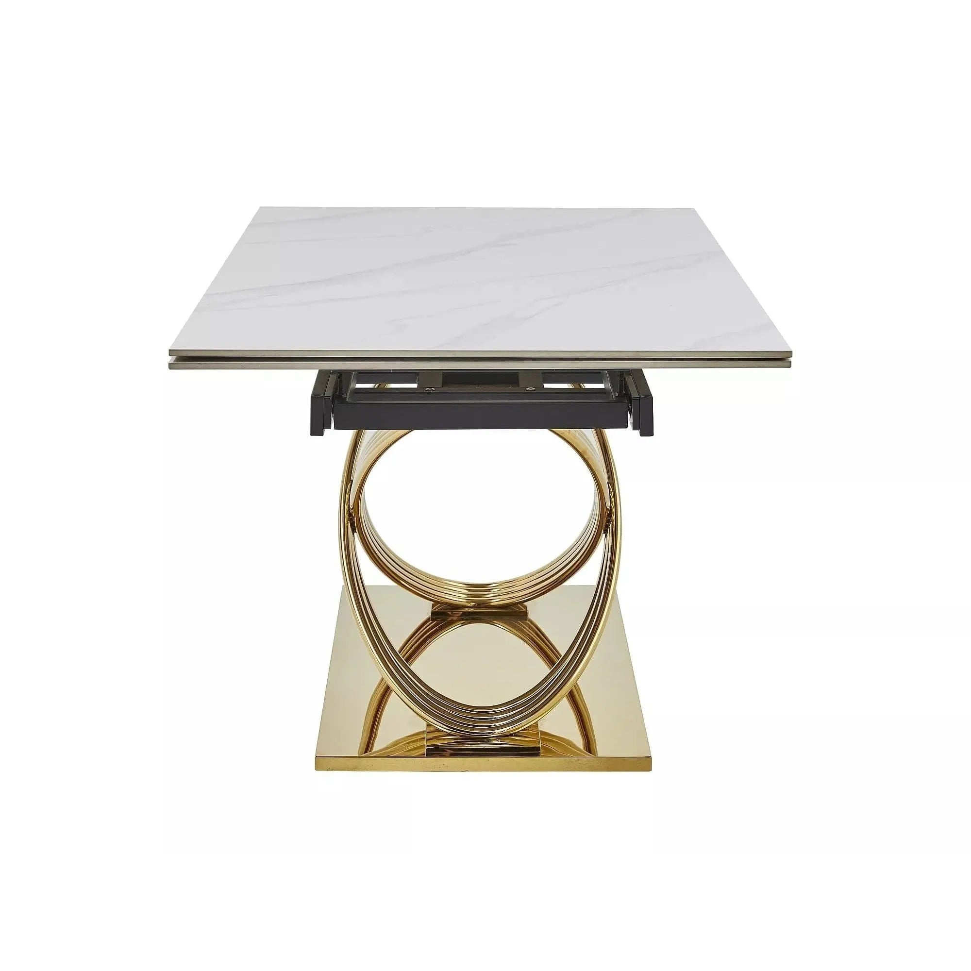 Masa extensibila HERMES II, alb cu efect de marmura/auriu, ceramica/metal, 160/240x90x75 cm