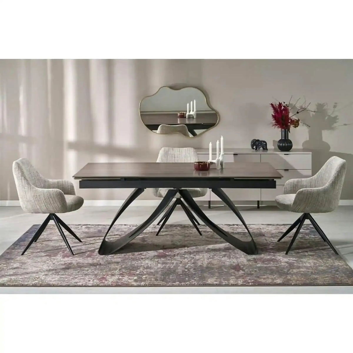 Masa extensibila HILARIO, nuc/negru, piatra sinterizata/otel, 180/260x90x75 cm