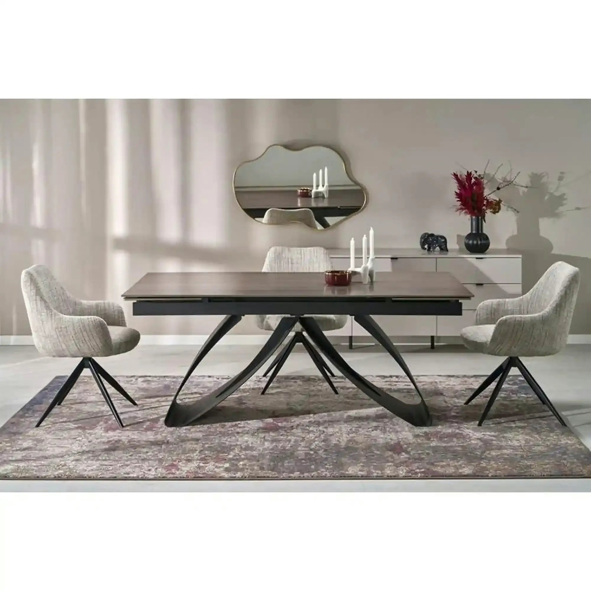 Masa extensibila HILARIO, nuc/negru, piatra sinterizata/otel, 180/260x90x75 cm