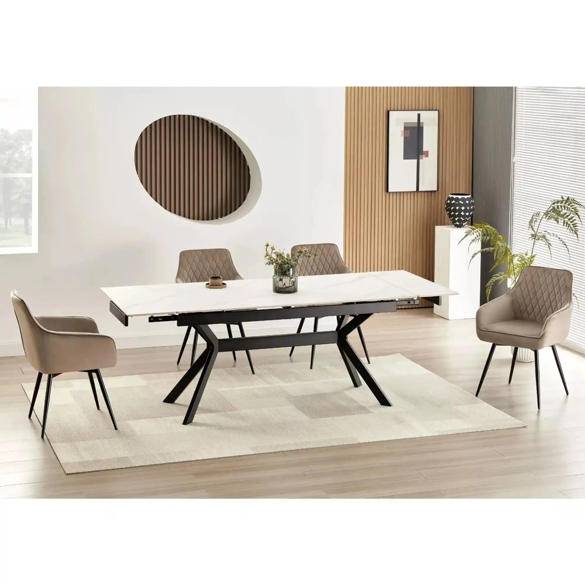 Masa extensibila IMPERIA, alb mat cu efect de marmura/negru, ceramica/metal, 160/220x90x76 cm