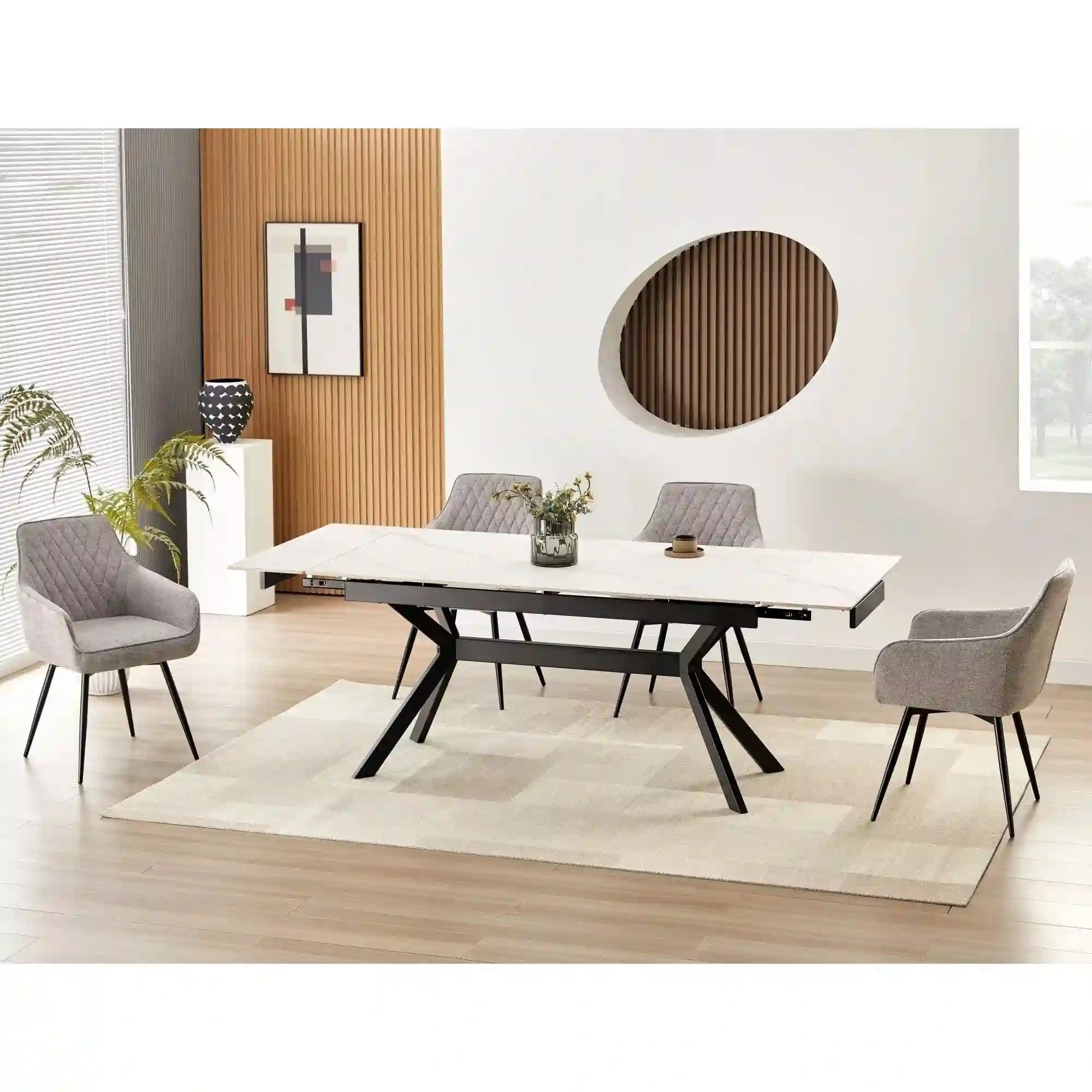 Masa extensibila IMPERIA, alb mat cu efect de marmura/negru, ceramica/metal, 180/240x90x76 cm