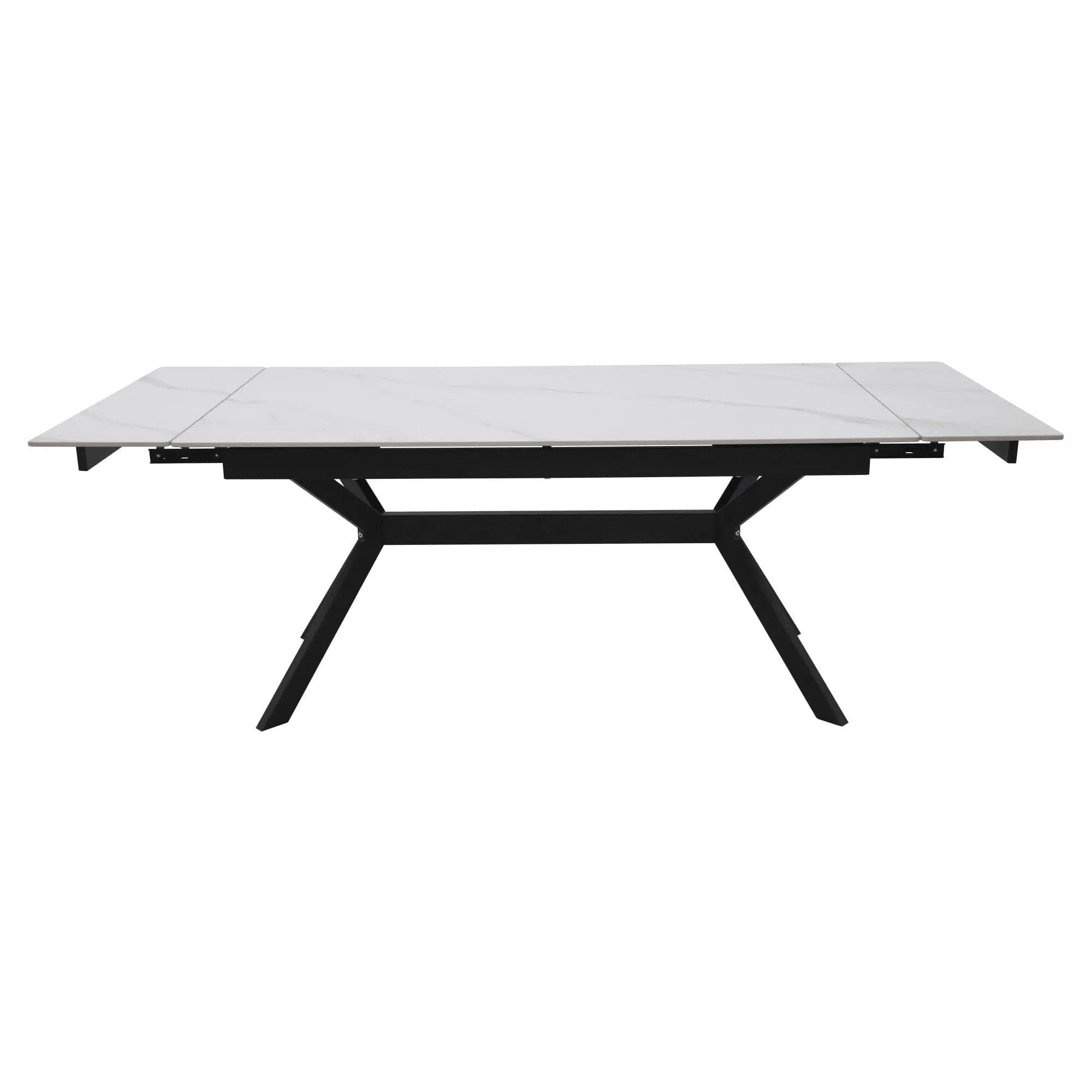 Masa extensibila IMPERIA, alb mat cu efect de marmura/negru, ceramica/metal, 180/240x90x76 cm