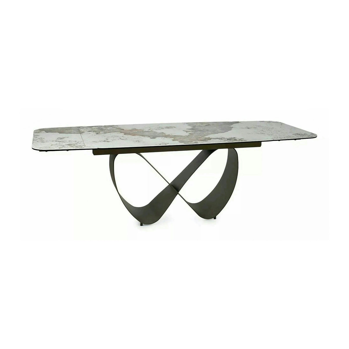 Masă extensibilă INFINITY, alb lucios/cupru, sticlă securizată/ceramică/metal, 160–240x95x76 cm
