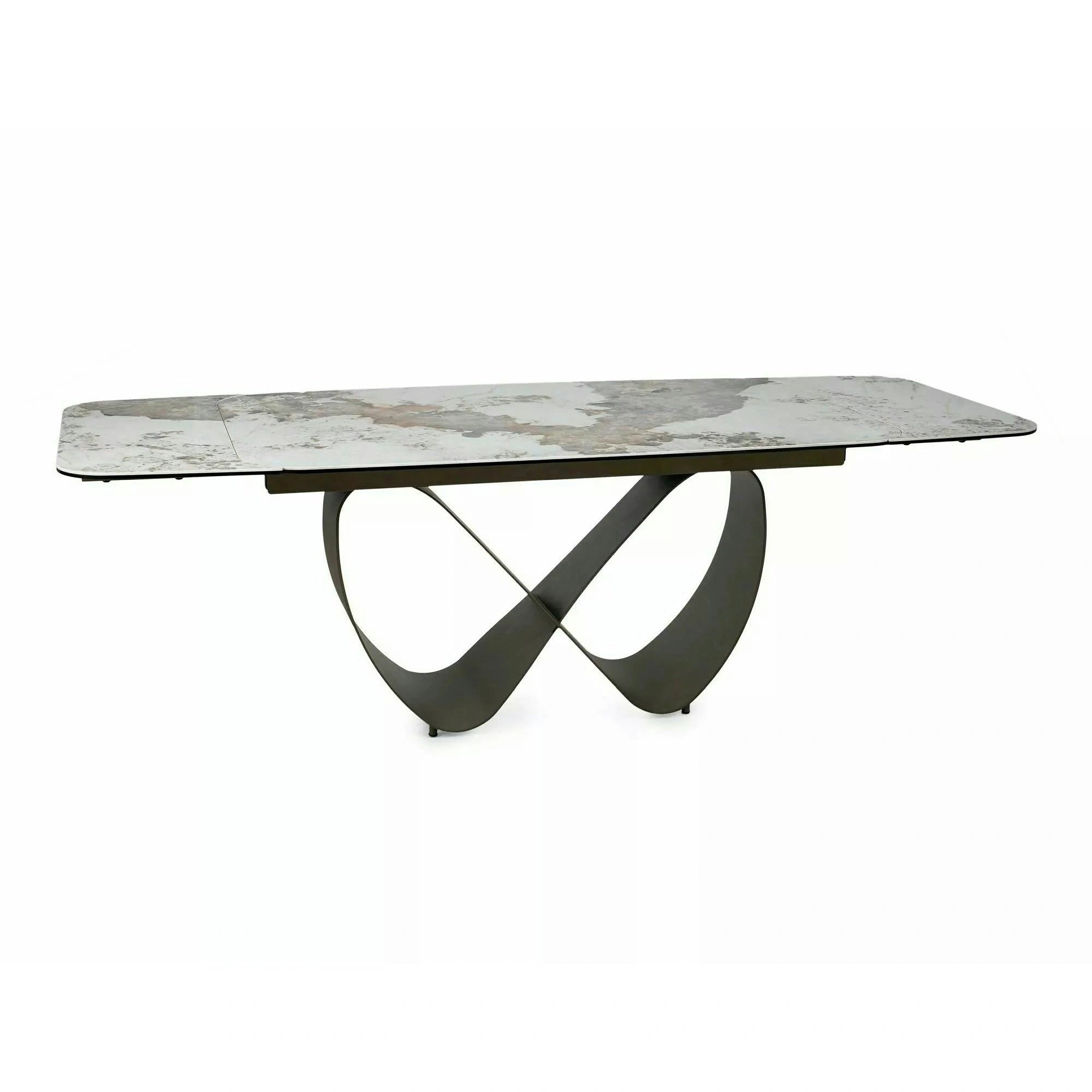 Masă extensibilă INFINITY, alb lucios/cupru, sticlă securizată/ceramică/metal, 160–240x95x76 cm