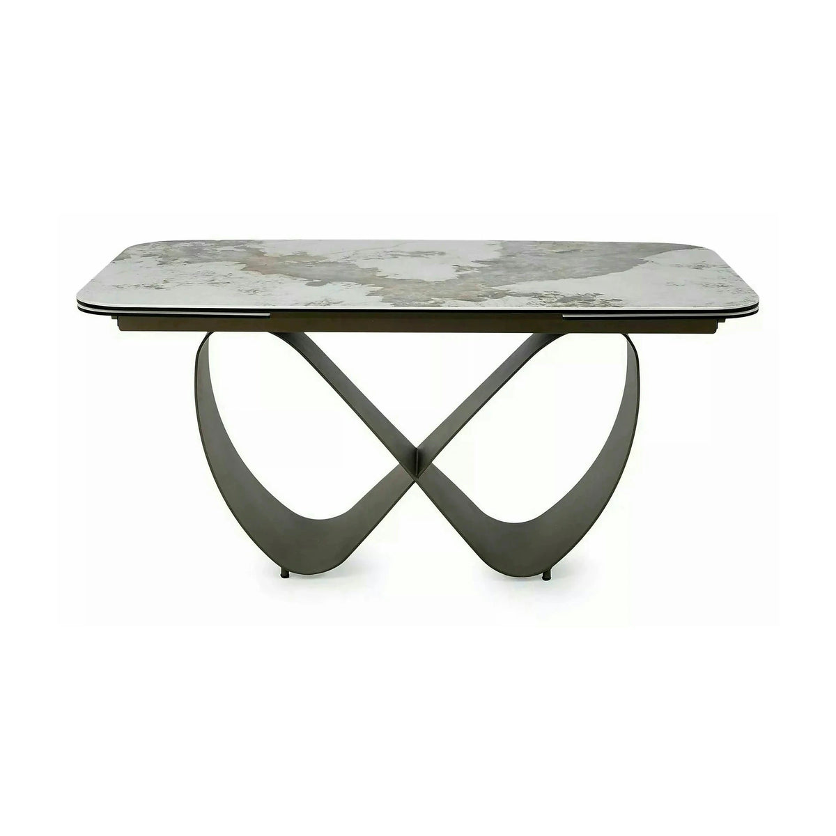 Masă extensibilă INFINITY, alb lucios/cupru, sticlă securizată/ceramică/metal, 160–240x95x76 cm