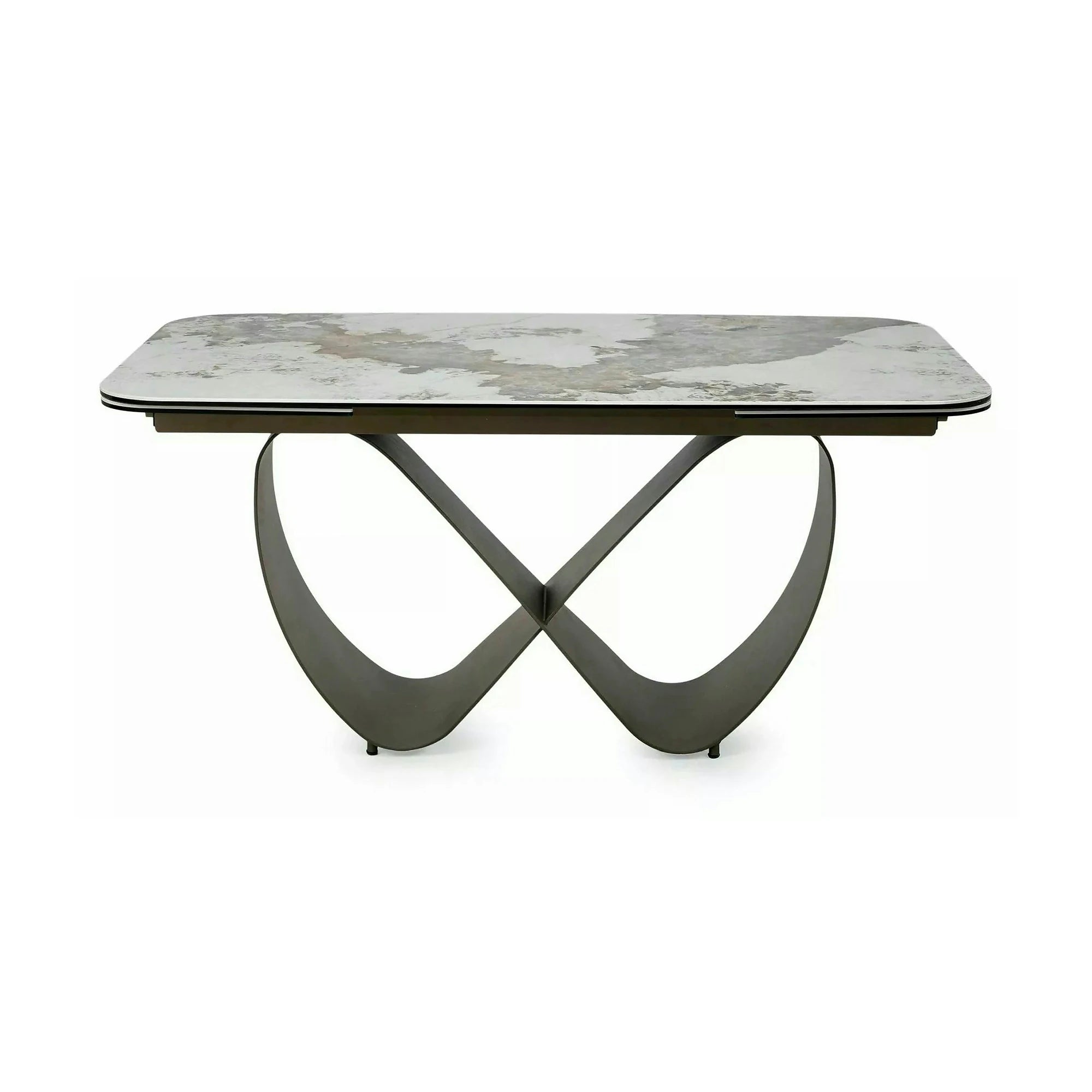 Masă extensibilă INFINITY, alb lucios/cupru, sticlă securizată/ceramică/metal, 160–240x95x76 cm