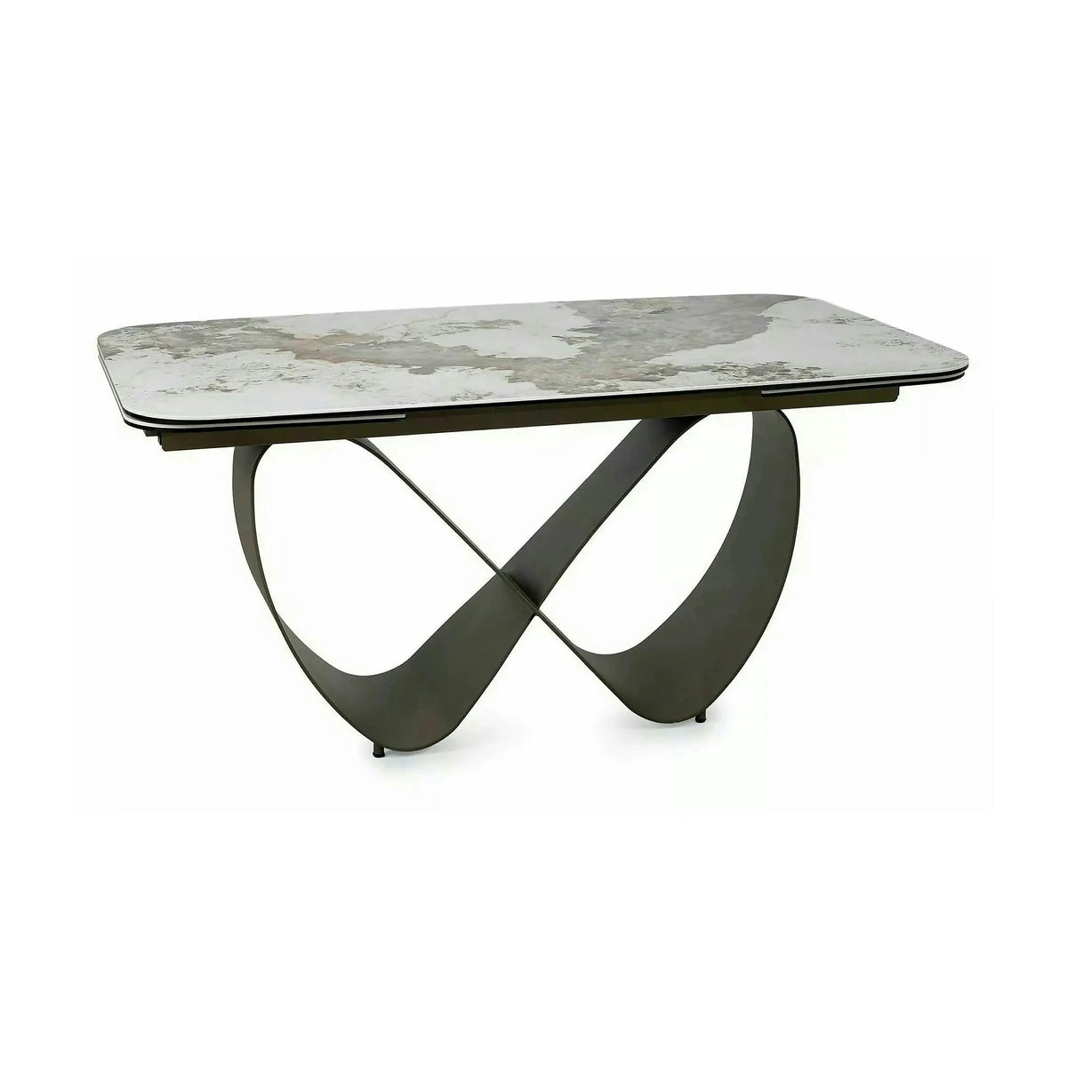 Masă extensibilă INFINITY, alb lucios/cupru, sticlă securizată/ceramică/metal, 160–240x95x76 cm