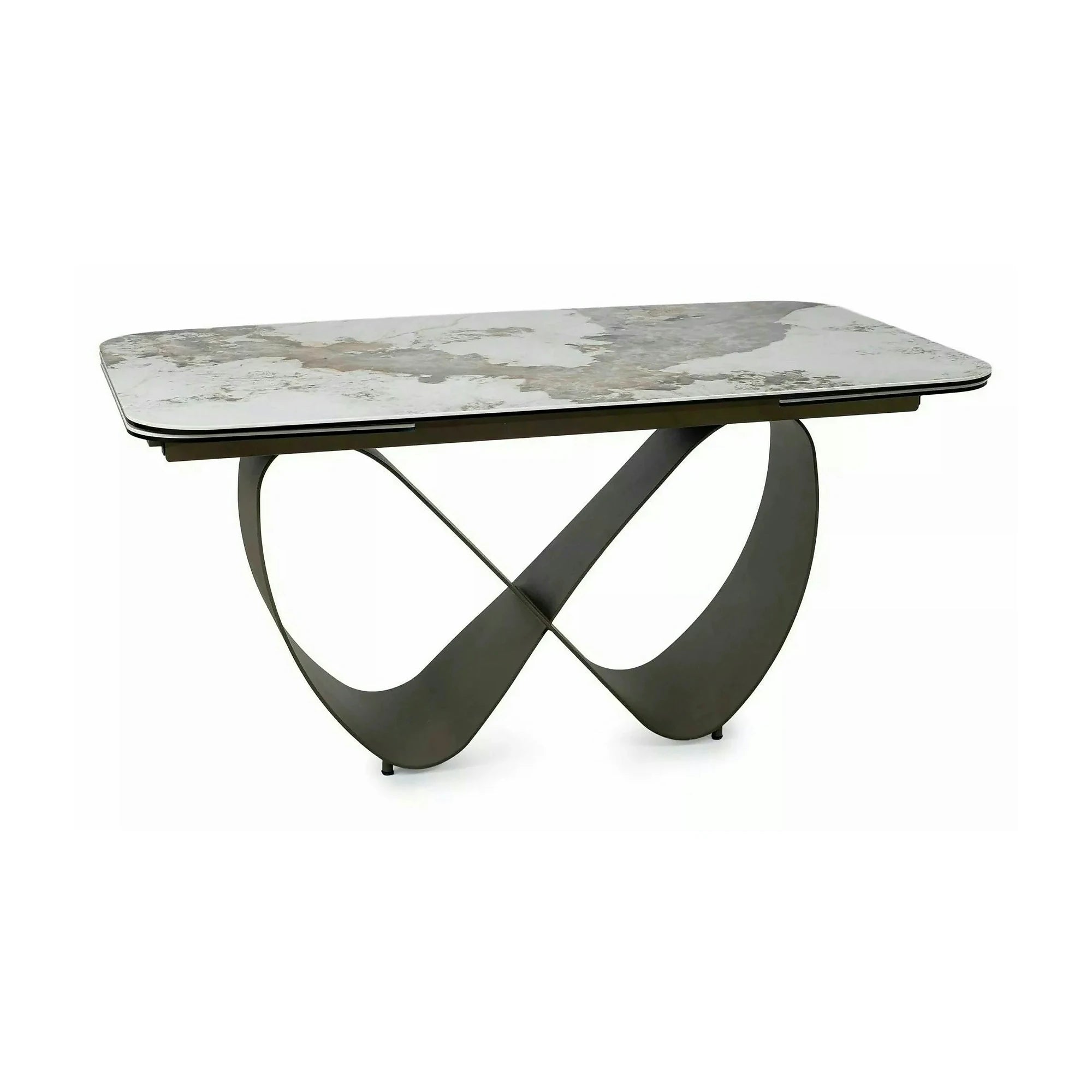 Masă extensibilă INFINITY, alb lucios/cupru, sticlă securizată/ceramică/metal, 160–240x95x76 cm