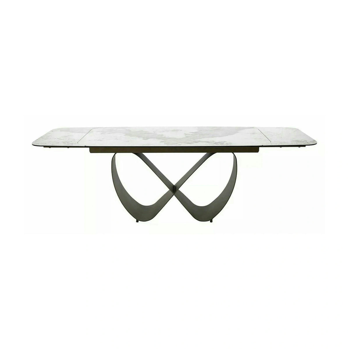 Masă extensibilă INFINITY, alb lucios/cupru, sticlă securizată/ceramică/metal, 160–240x95x76 cm